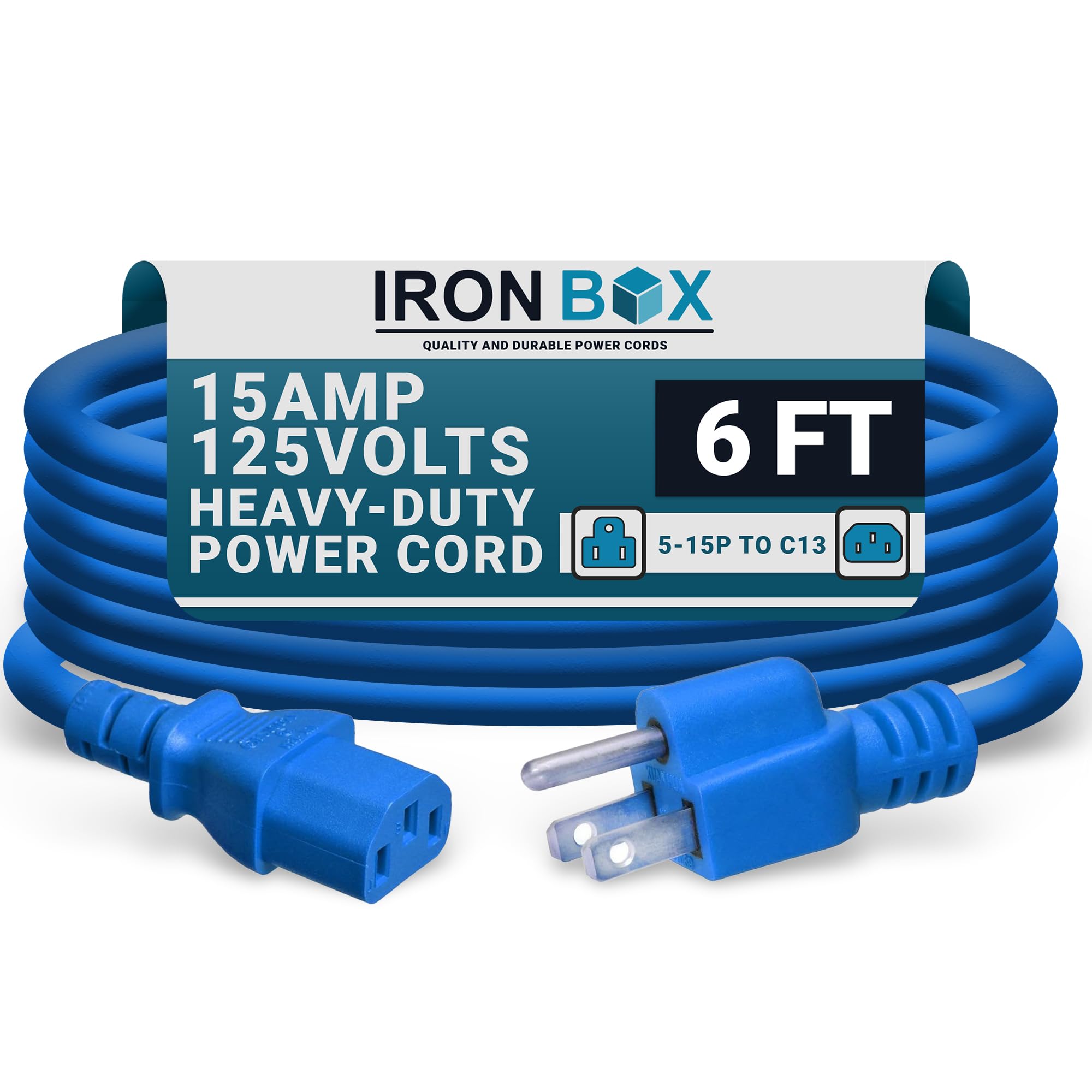 IronBox Electric - Heavy-Duty 5-15P to C13 Power Cord - 3 Prong 15A 125V 14/3 SJT PC Cable - Cord for Computer, Monitor, Subwoofer, Amplifier - Cable for Power Supply - (Blue 6 Foot)