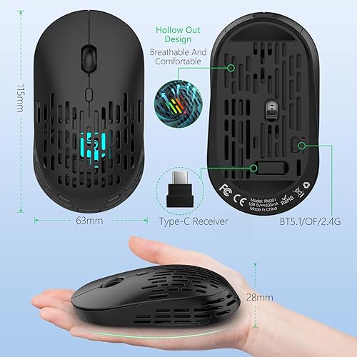 Miniatura 5 de RAPIQUE Ratón inalámbrico Bluetooth - (receptor BT + USB-C), modo dual, recargable, ligero, silencioso con receptor tipo C, mouse USB C para