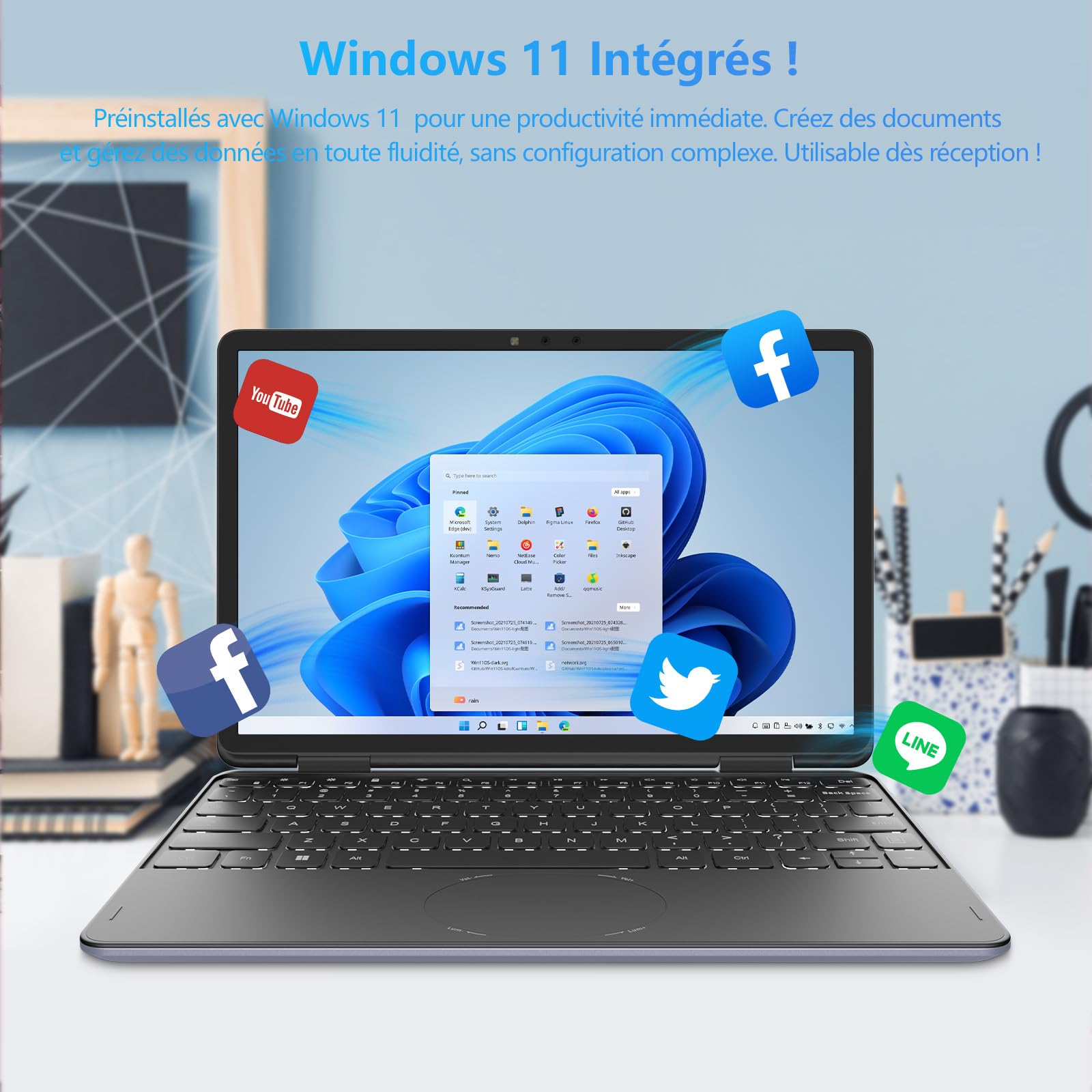 Ordinateur Portable 2-en-1 11 Pouces Tactile Celeron N100 16 Go DDR4 1920x1200 IPS Clavier Rétroéclairé Gris
