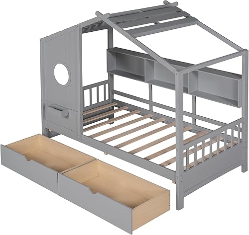 Miniatura 80 de Cama de casa de tamaño individual con 2 cajones, marco de cama de madera y barandilla de seguridad. Ahorra espacio, ideal para el dormitorio de un