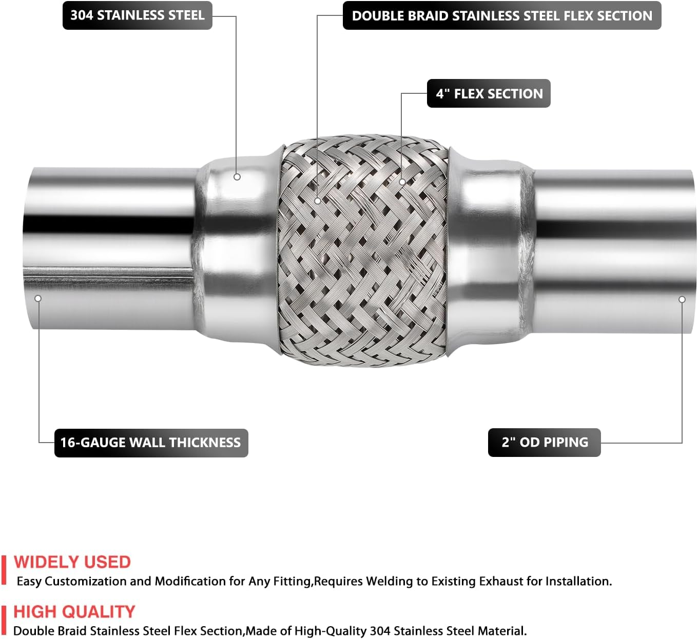 DNA MOTORING Exhaust Flex Pipe, 2" x 4" x 8" Stainless Steel Double Braid Heavy Duty Exhaust Flexible Tube, Universal type Muffler Pipe, FXP-2-4-8