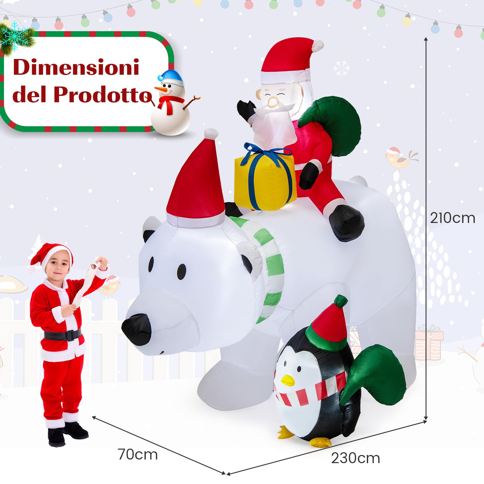 COSTWAY Decorazione Gonfiabile di Natale 210 CM, Babbo Natale Gonfiabile che Cavalca Orso Con Illuminata a LED, Funzione di Scuotimento della Testa, per Prato, Giardino e Cortile