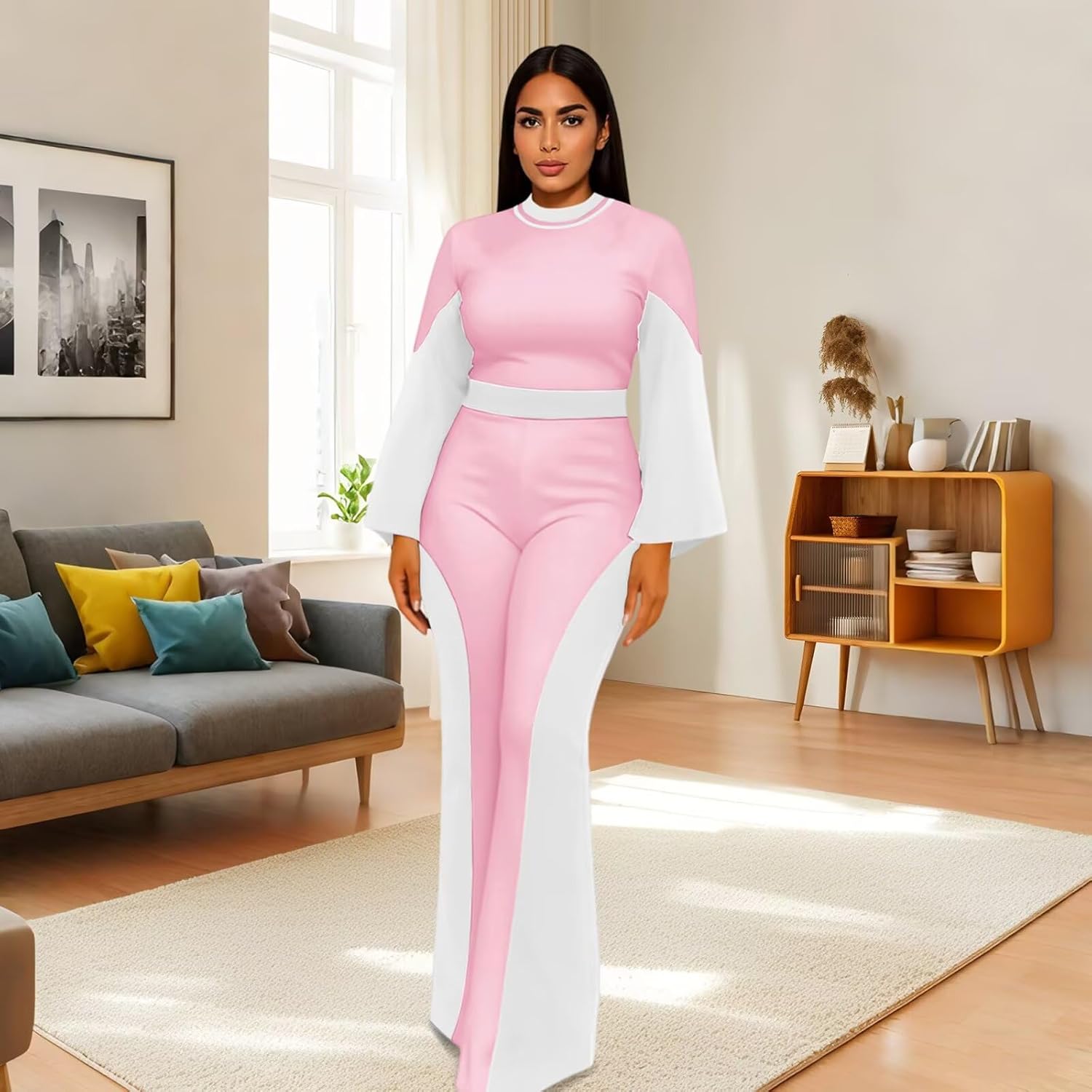 WXN Two Piece Sets for Women Going Out Long Flared Sleeve Colorblock Crop Top Wide Pants Set Brunch Outfits - Image 3