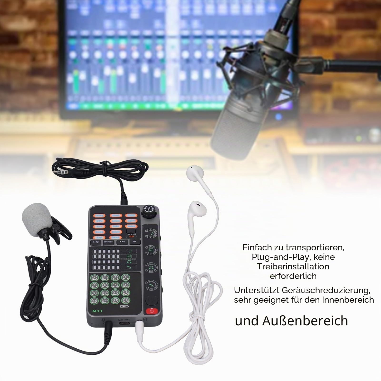 Sprachverzerrer, Tragbarer Bluetooth-Sprachverzerrer mit 16 Soundeffekten, Tragbare Soundkarte, Sprachverzerrer für Live-Streaming