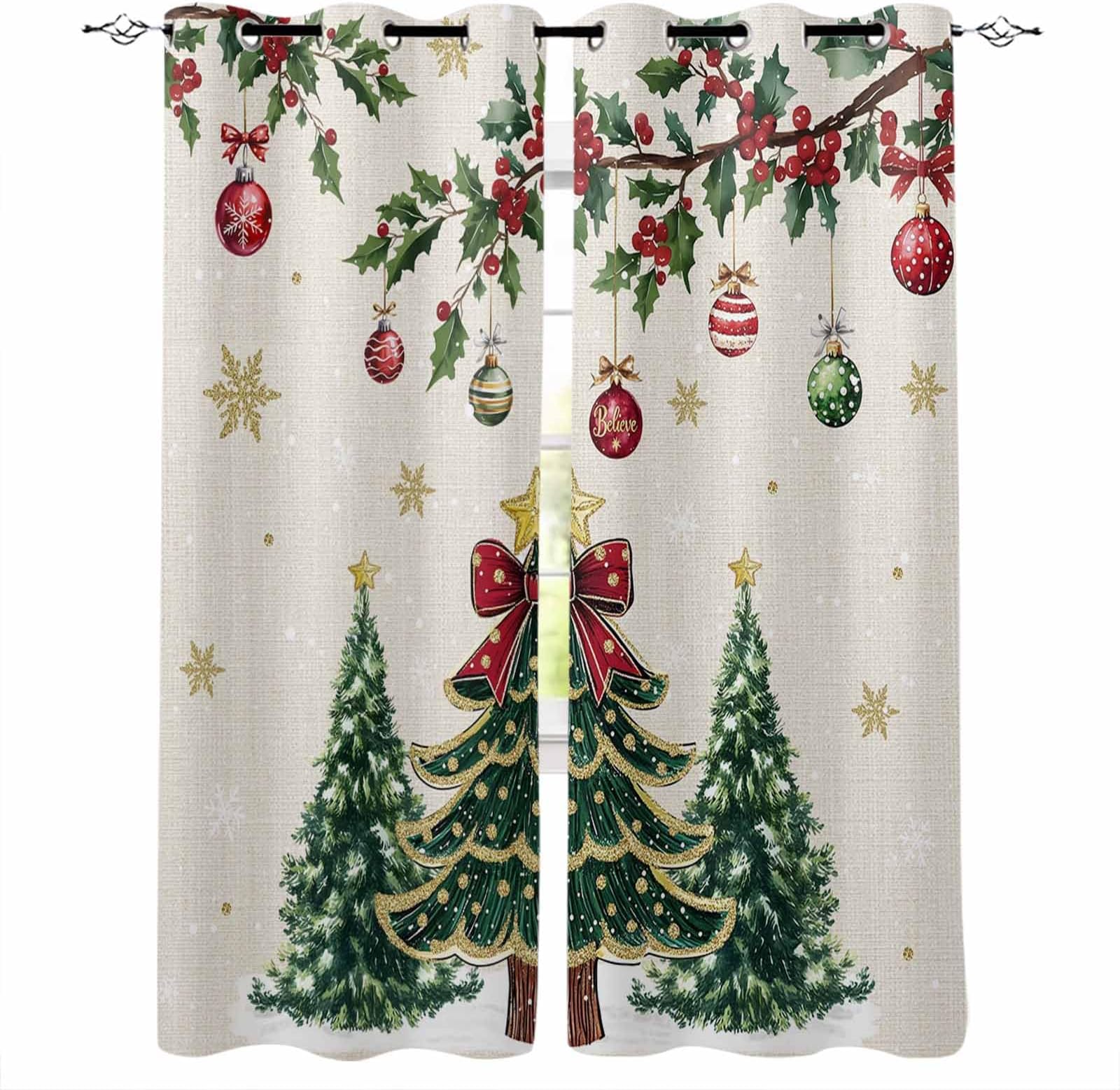 Christmas Tree Blackout Curtains for Bedroom Living Room Darkening Curtains 63 Inches Long Country Winter Ball Berry Gold Snowflakes Window Curtain 2 Panels Set Window Treatment Grommet Drapes 42"x63"