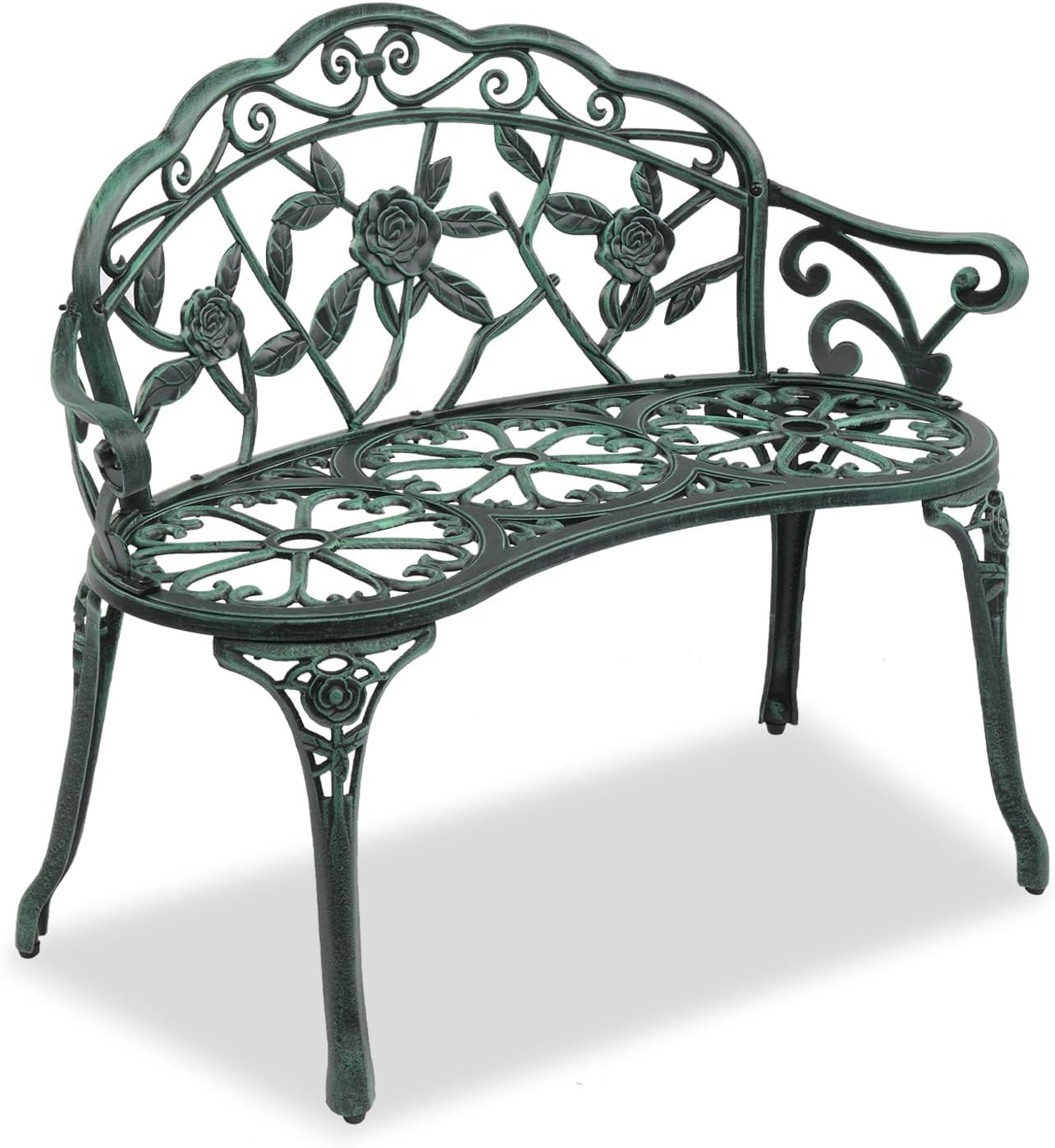Outvita Outdoor Bench, 38"" Cast Aluminum Garden Bench Anti-Rust Weather Resistant Patio Bench Rose Pattern Bench for Front Porch, Backyard, Lawn, 1, Green