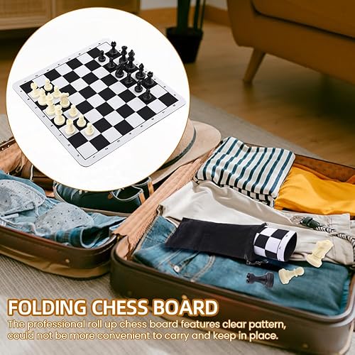 Miniatura 9 de Juego de ajedrez y damas portátil, tablero de ajedrez enrollable de torneo de 9.252 in con bolsa con cordón, juego de ajedrez plegable plegable para