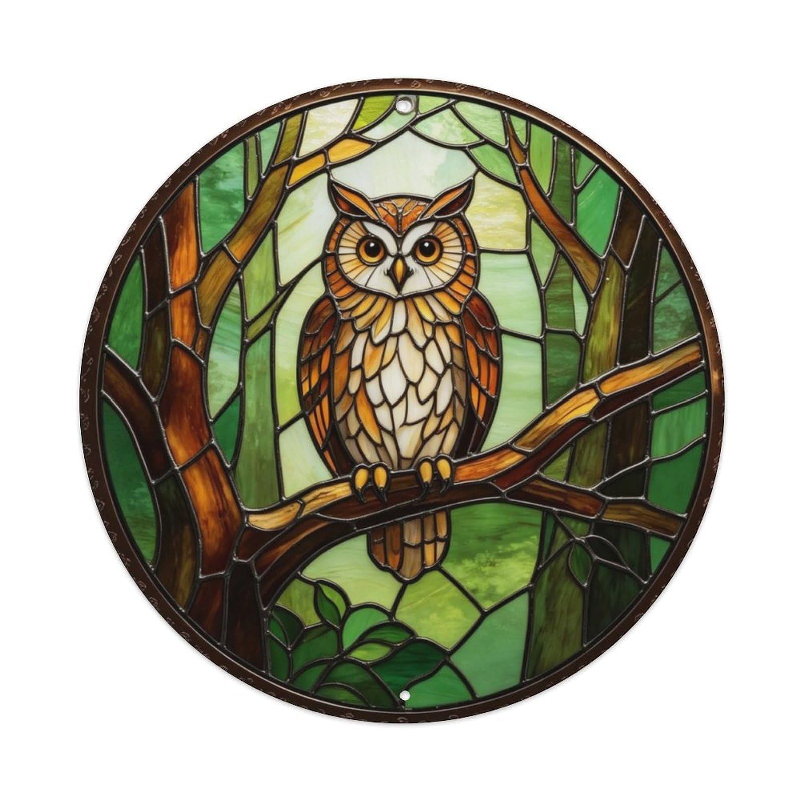 Stained Glass Forest Owl Metal Tin Sign Plaque