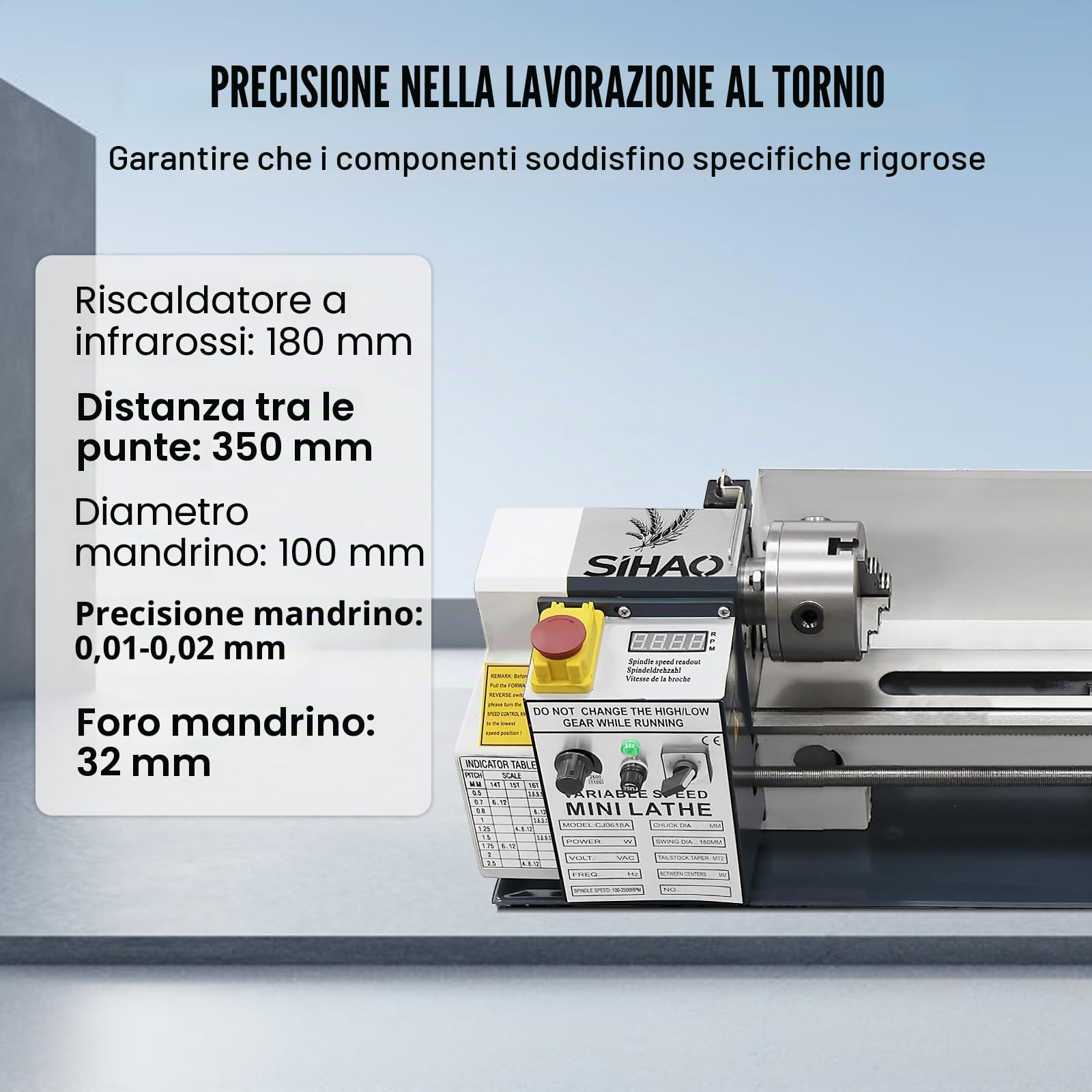 Tornio per Metallo 180MMx350MM 750W Mini Tornio Metallo,Metallo Ingranaggio Con Porta Coltello e Pennello,Velocità Variabile 0-2500 Giri/min,Tornio per Metalli per Filettatura/Tornitura/Foratura