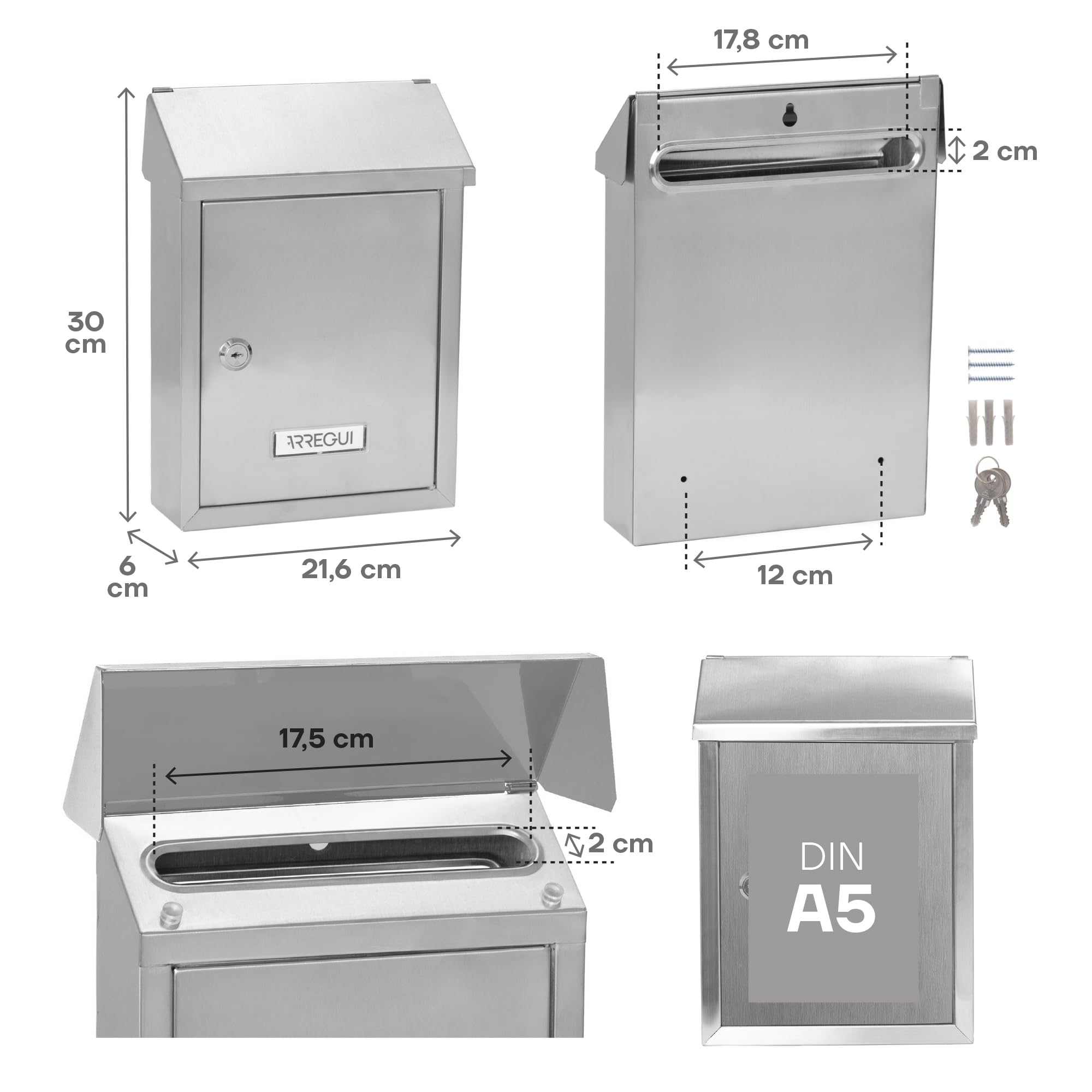ARREGUI Smart E5727 Buzón Exterior de Acero Inoxidable Tamaño S (Correo DIN A5) | Buzón de Pared Pequeño | Buzón de Correo con Boca Trasera Recogecartas | Anticorrosivo | Fácil de Instalar | INOX