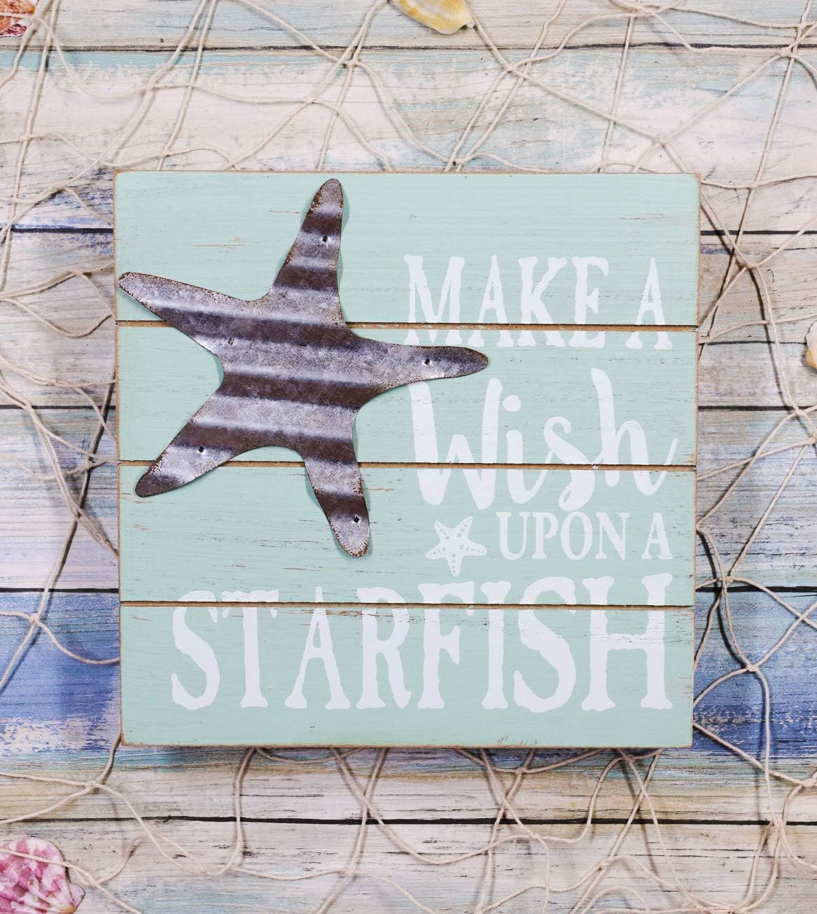Ebros Nautical Teal Make A Wish Upon A Starfish Wall Decor Beach Sign Slatted Wooden Decorative Plaque With Galvanized Metal Sea Star 8"Wide Coastal Shore Marine Nursery Kids Bedroom Kitchen