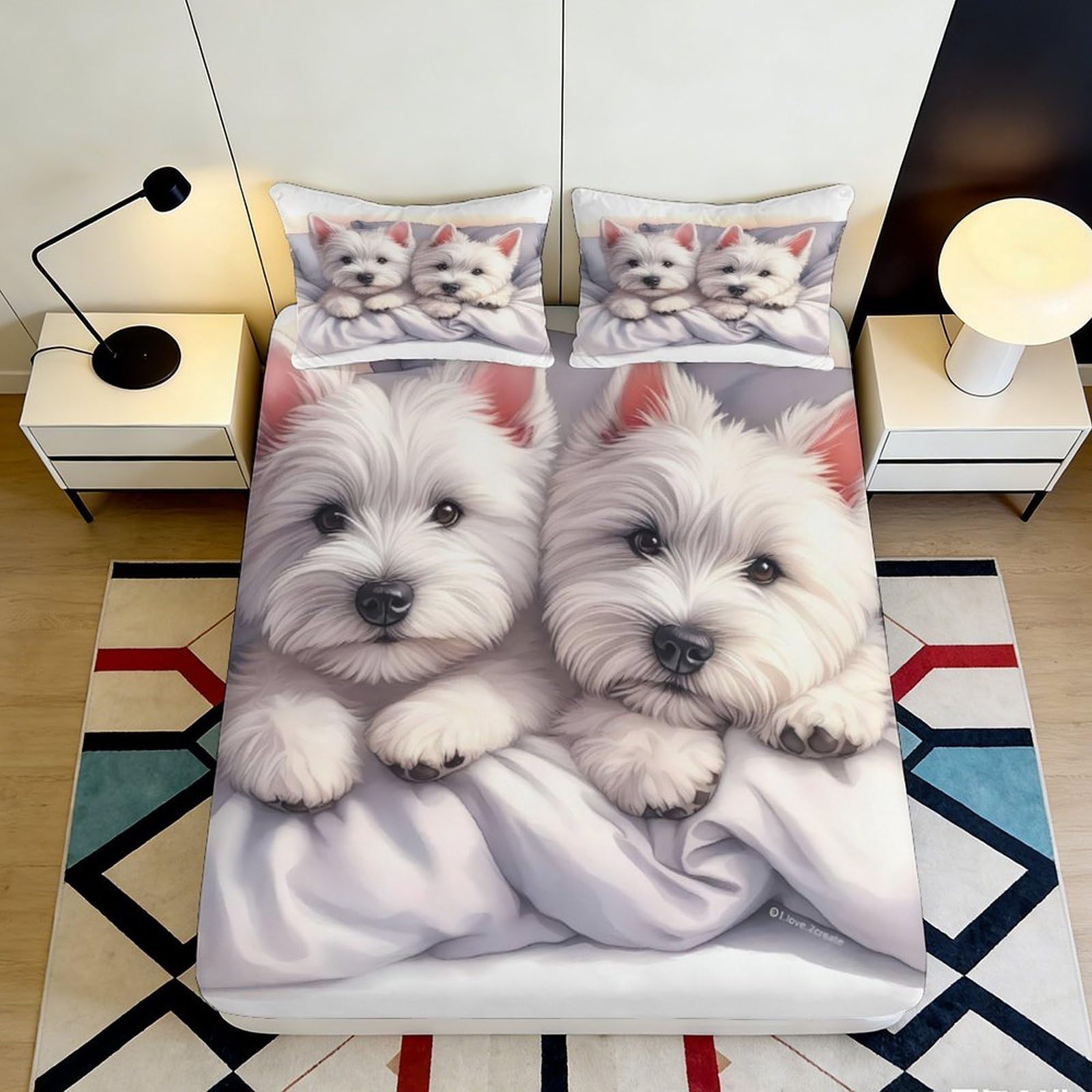 3D Printed Westie Puppy Fitted Sheet Microfiber Soft Breathable Dog Pattern Mattress Cover Bedroom Decor 90x200x25cm