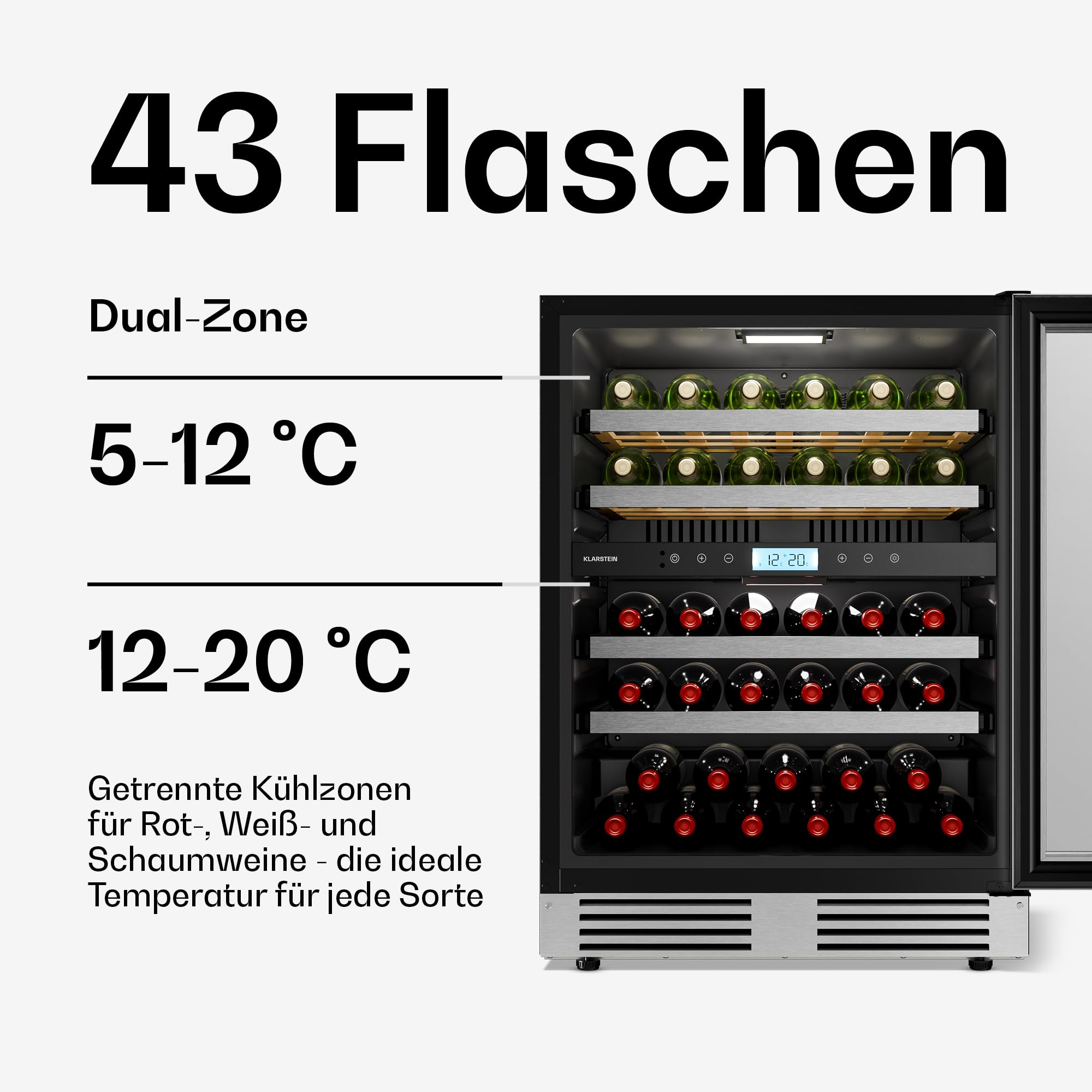 Klarstein VeroSteel Unterbau-Weinkühlschrank – Zweizonen-Weinkühlschrank für 43 Flaschen, UV-Glastür, Touch-Bedienfeld, ausziehbare, leicht zugängliche Holzregale