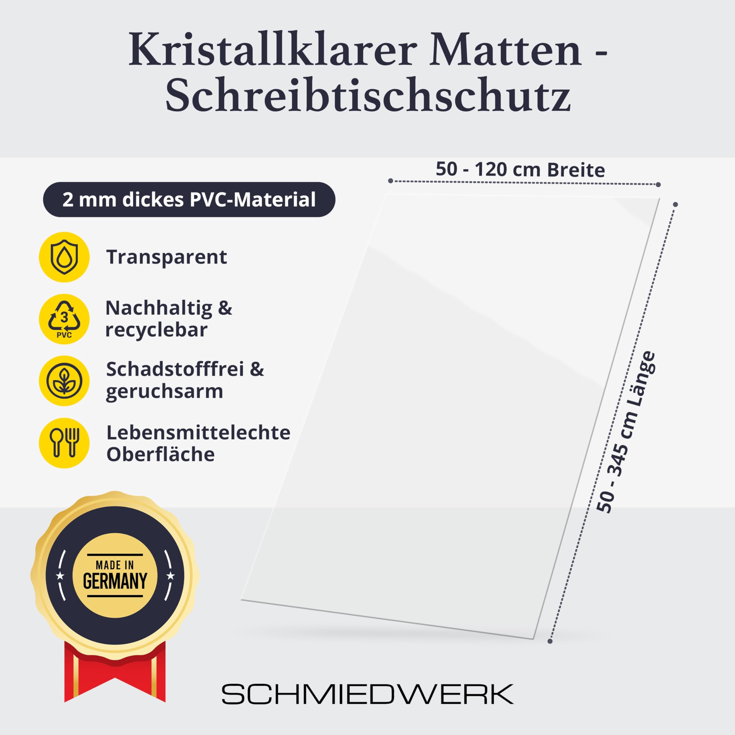 SCHMIEDWERK Tischschutz transparent nach Maß in 2mm mit Wohlfühlkante - glasklare Folie - Schutzfolie für Möbel - Tischfolie Made in Germany - Tischschutzmatte (100x200cm)