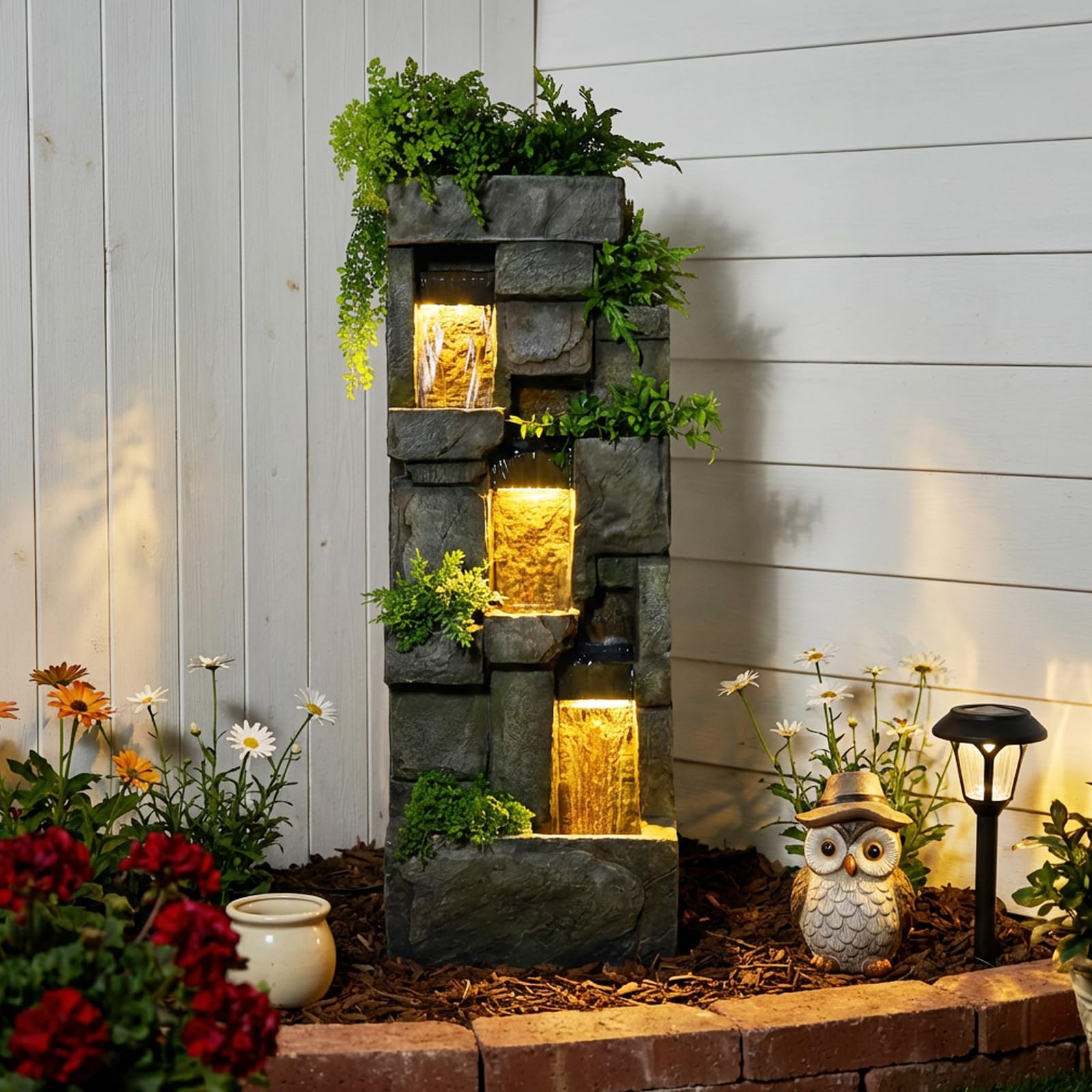 Garden Water Fountains Outdoor Floor Standing, 3 Tier Rock Waterfall Fountain with LED Lights and Pump for Garden, Patio, Backyard, Deck, Porch and Home Art Deco, 56.3" Very Tall