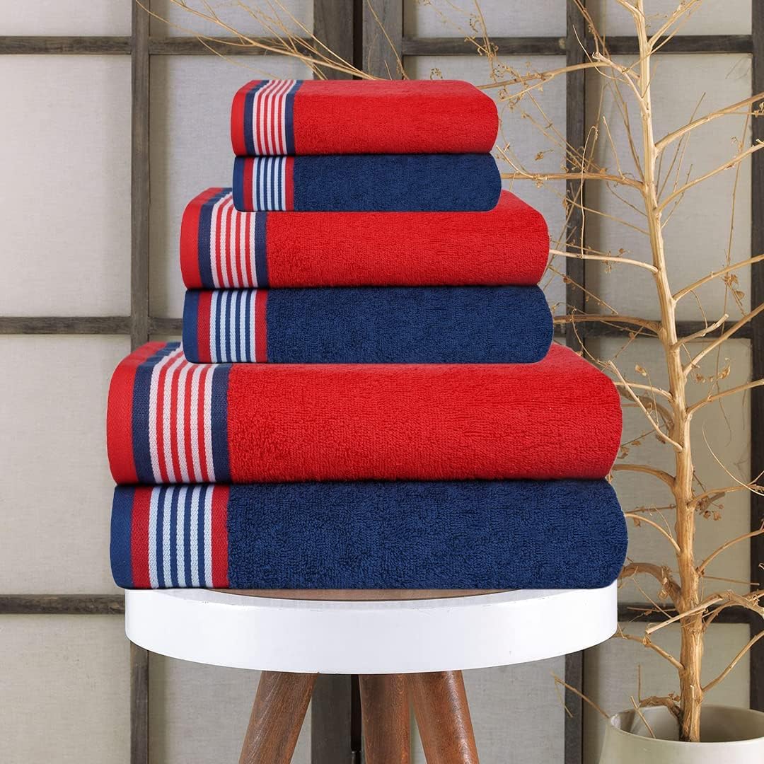 Casa Copenhagen Juego de 6 Toallas de baño 600 gsm-Azul Americano y Rojo | He & She 100% algodón egipcio puro para baño, cocina y ducha: 2 toallas baño, 2 de mano, 2 paños (set regalo mujer y hombre)