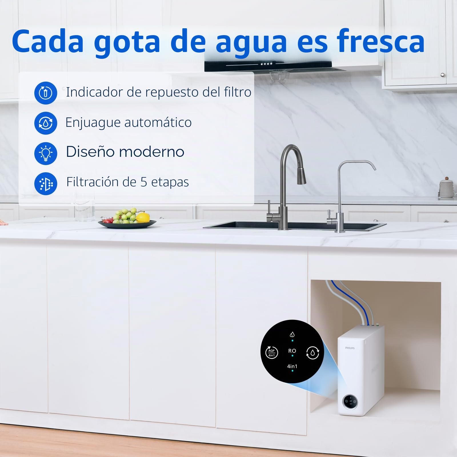 Filtro de agua de ósmosis inversa debajo del fregadero, purificador de agua compacto sin tanque Philips de 5 etapas, sistema de ósmosis inversa certificado NSF/ANSI 372, 2:1 puro para drenar