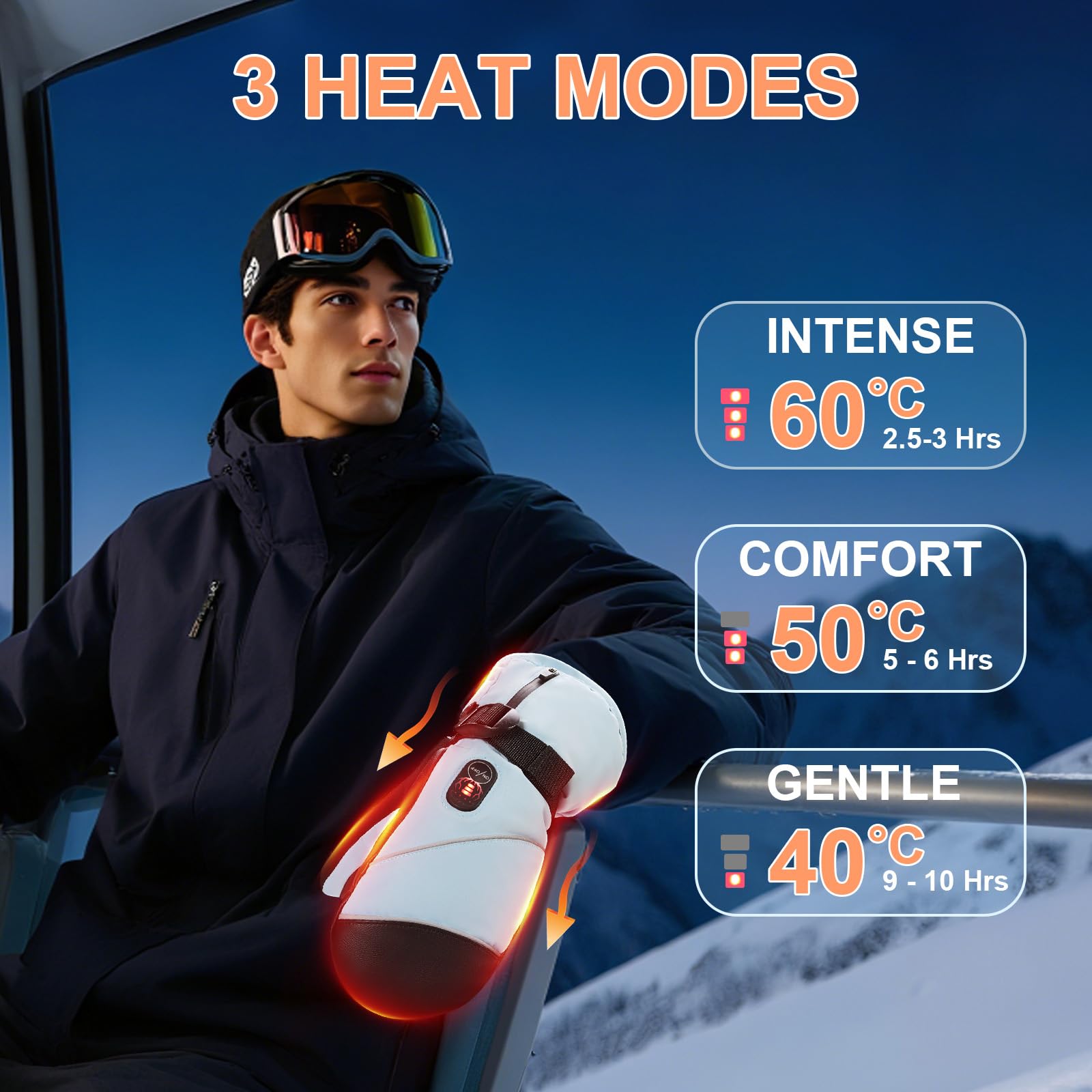 Guantes Calefactables de Esquí Day Wolf para Hombre y Mujer, Batería Recargable 3000mAh, 10h Calor, Carga Rápida USB-C, Impermeables y Resistentes al Viento