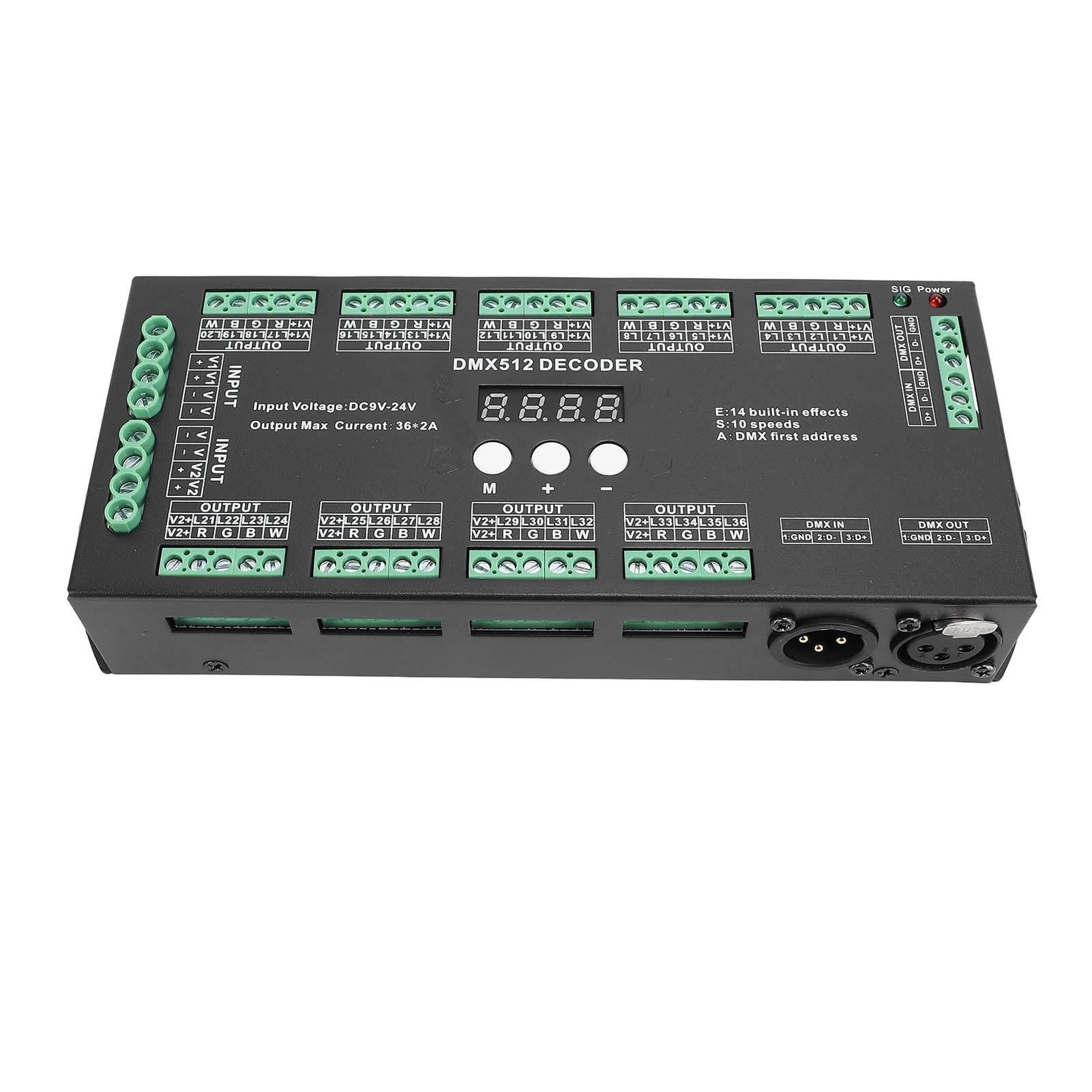 Focket Kontroler DMX, Dekoder RGBW z Wyjściem 36CH 2A, Kontroler Taśm LED z 14 Wbudowanymi Trybami Testowymi Cyfrowy Wyświetlacz Adresowy dla Taśm LED RGBW Moduł Światła Oświetlenie Sceniczne