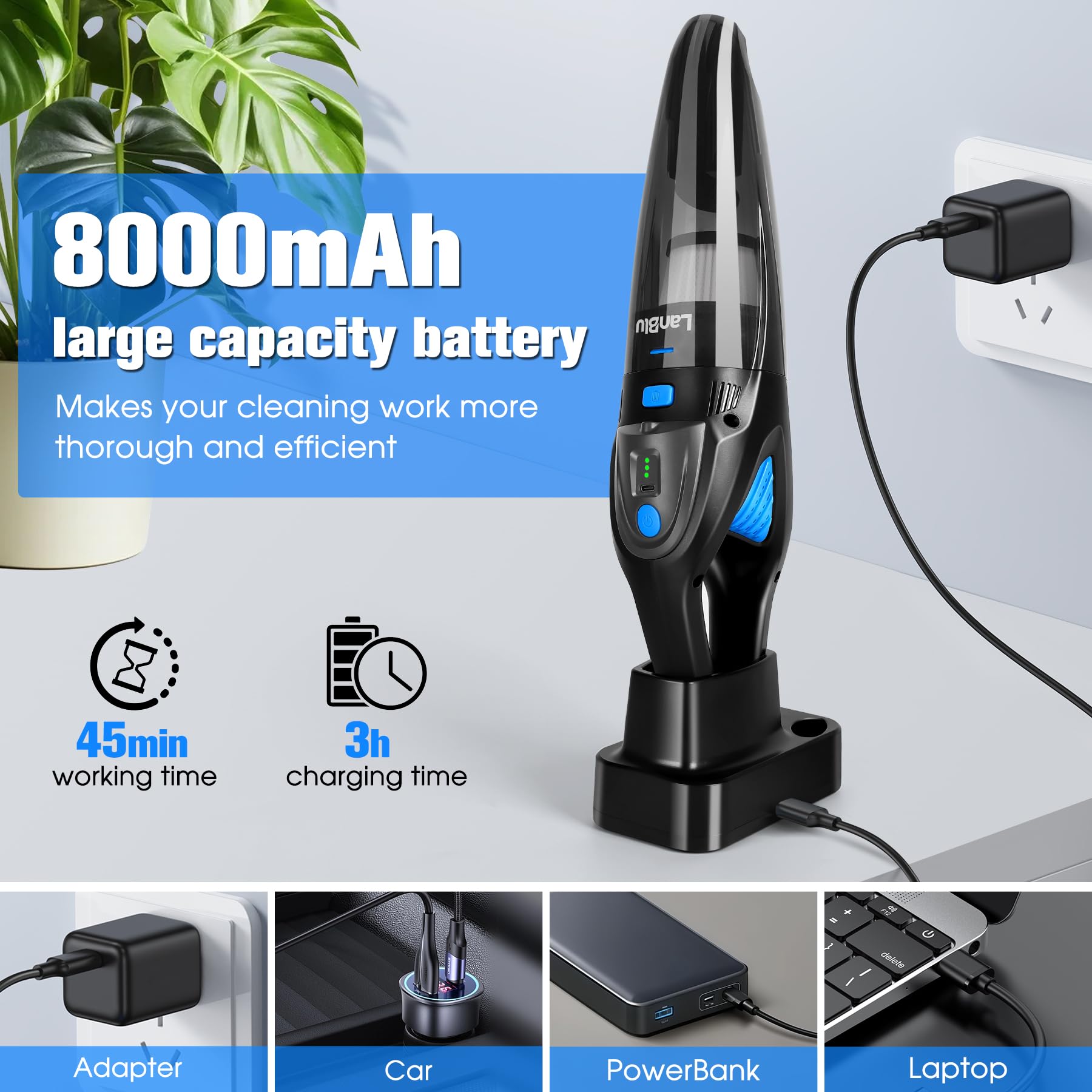 LanBlu 25000Pa Aspirapolvere Auto con Stazione di Ricarica & LED per Casa | Bagnato e Asciutto Aspirapolvere Portatile con 2 Filtro, 8000mAh 120W Aspirapolvere Auto Potente per Cucina Animali
