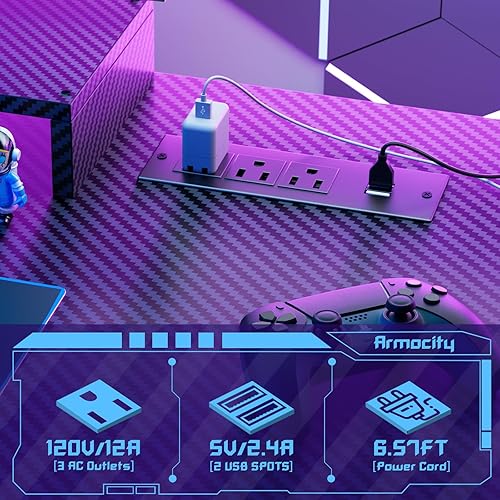 Miniatura 8 de Armocity Escritorio para computadora de juegos con estantes y tomacorrientes, escritorio para juegos con gabinete y luces LED, escritorio reversible