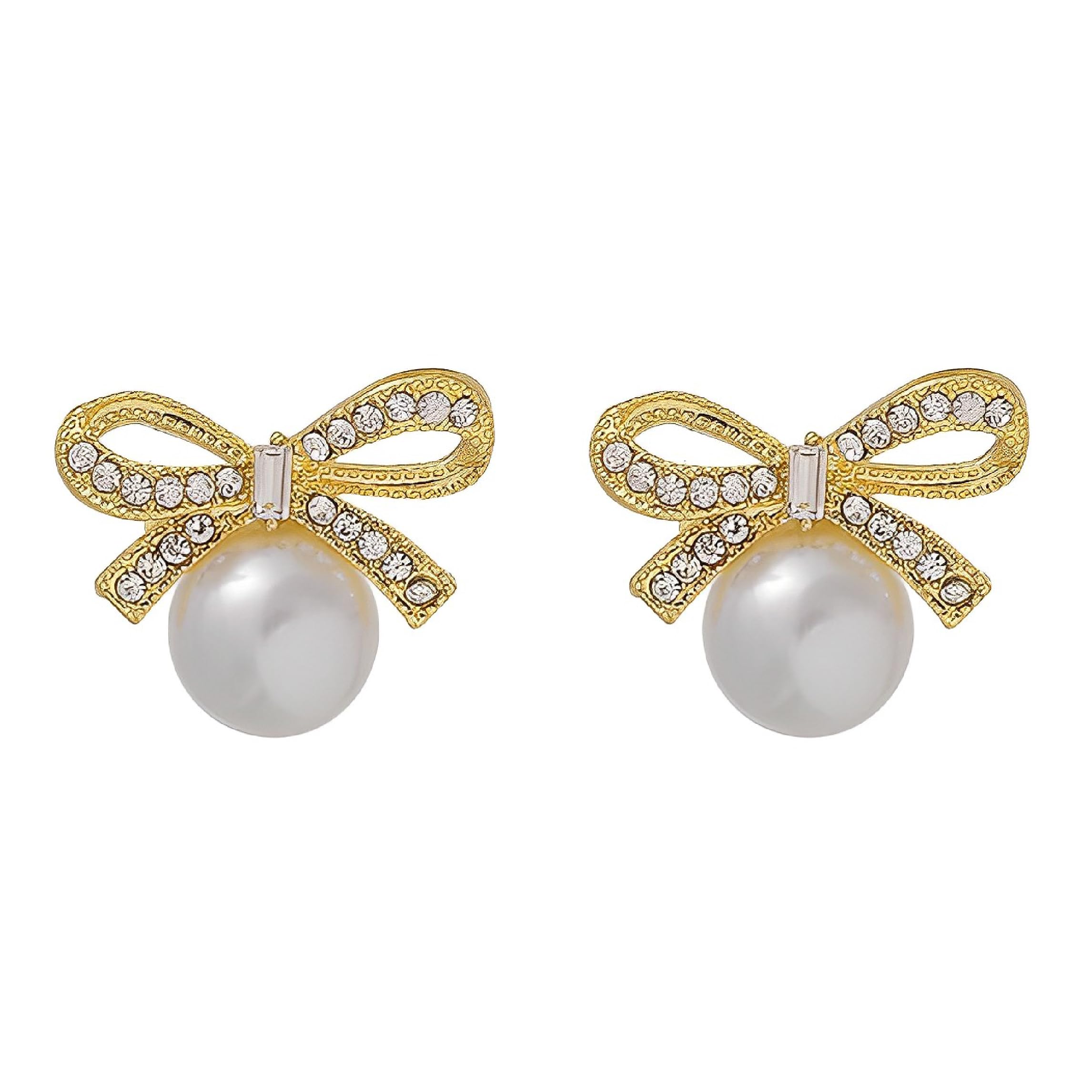 JITNGA Pendientes De Perlas Blancas Con Nudo De Lazo De Cinta Dorada Y Cristales De Estrás - Pendientes De Perlas Con Lazo De Plata Y Circonita Cúbica Para Mujeres - Regalos Para Mujeres