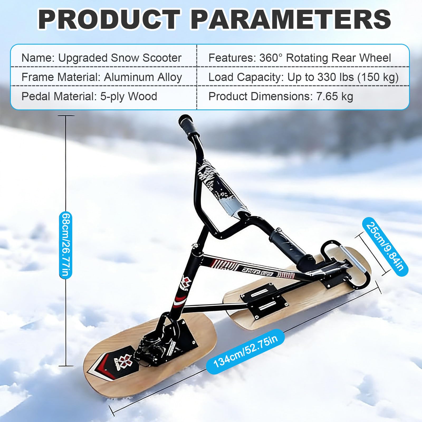 SHAHRYAR Nouvelle Trottinette des Neiges pour Enfants Et Adultes,Luges/Snowboards pour Adultes,Direction Pivotante À 360°, Capacité De Charge De 150 Kg,Luge De Snowboard Lightcolor