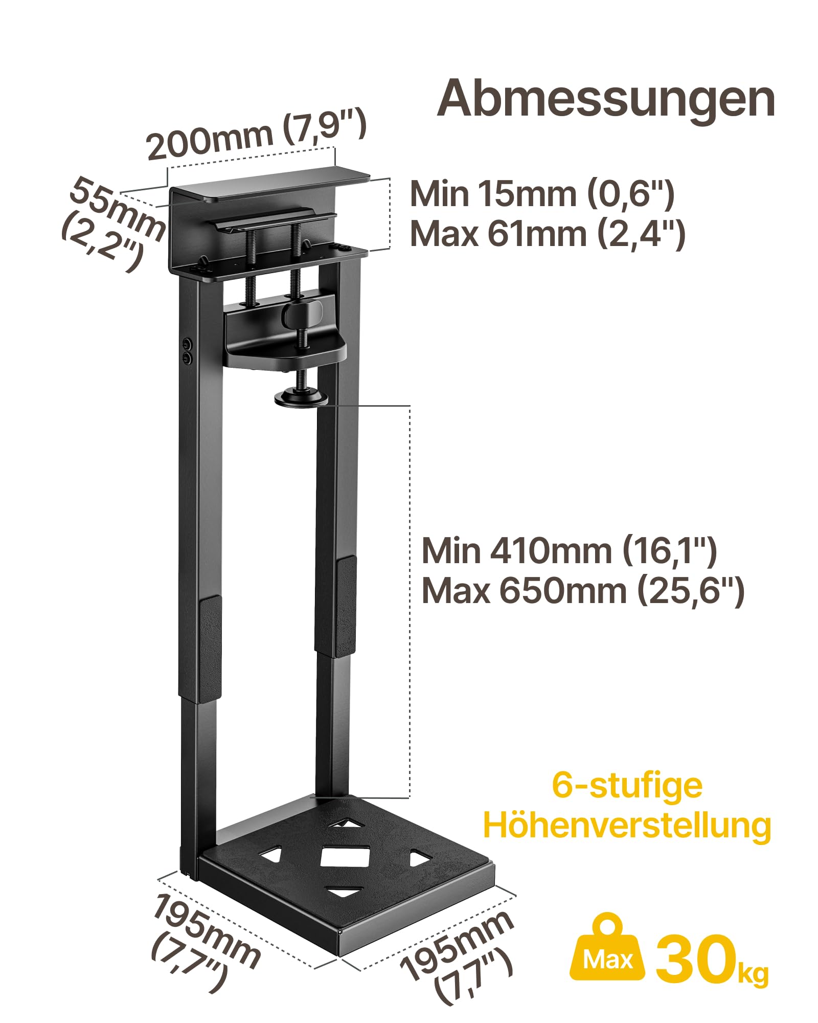 monTEK 30KG PC-Halterung unter Schreibtisch, Ohne Bohren montierbar | Heavy-Duty, Verstellbare Desktop PC Halterung mit Schutzpolstern, 41CM-65CM Höhe, für Büro, Zuhause, Klassenraum, Schwarz