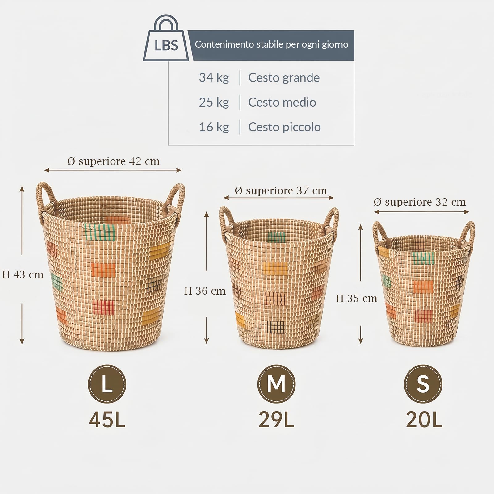 Cesti portaoggetti in seagrass set di 3, intrecciati a mano in Vietnam con manici, cesto portabiancheria boho 45L/29L/20L per soggiorno, bagno, camera e cameretta