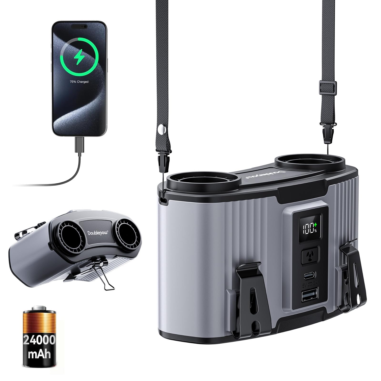 Doublepow 24000mAh Ventilateur Portable Ceinture, Ventilateur Clip Rechargeable 10 Vitesses 45H, Double Moteur Conduit d'air, Cooling Cou et Taille, pour Travail Extérieur, Voyages, Chargeur Téléphone