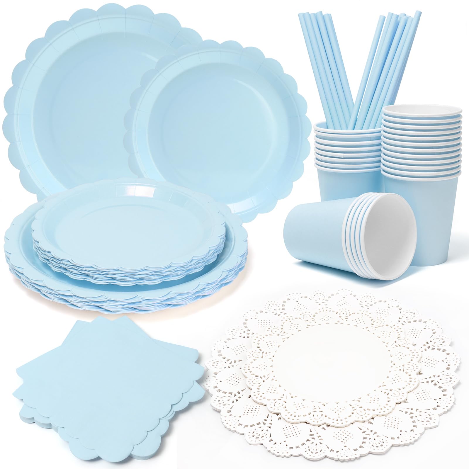PARTY GO 175PC Blue Paper Plates Cups Napkins Straw Paper Doilies Tableware