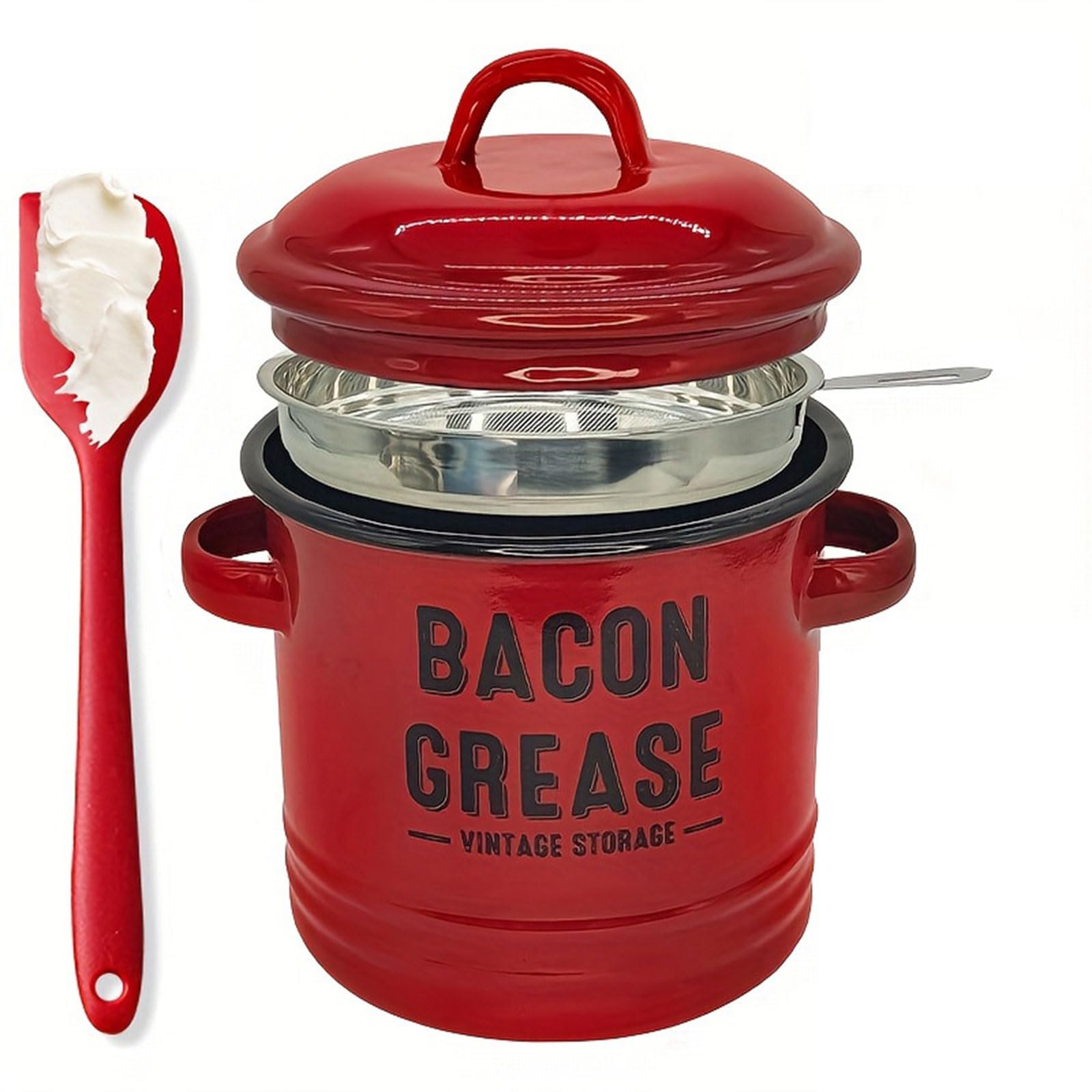 Shurhome Multipurpose Enameled Grease Keeper with Strainer and Silicone Spatula for Preserving Bacons Drippings Fat and Kitchen Use Bacons Fat Keeper
