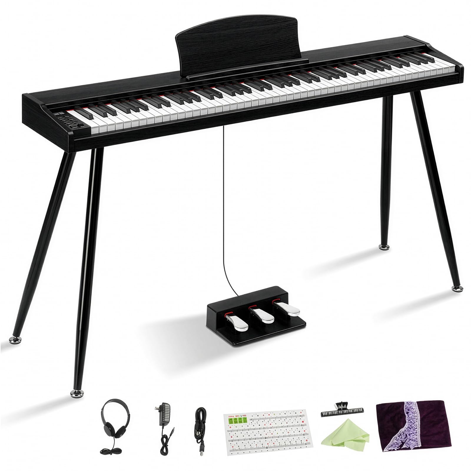 LEADZM Piano Numérique 88 Touches avec Support en Métal, Clavier Piano Semi-Lesté, Piano Electrique avec 3 Pédales, Adapté aux Débutants (Noir)