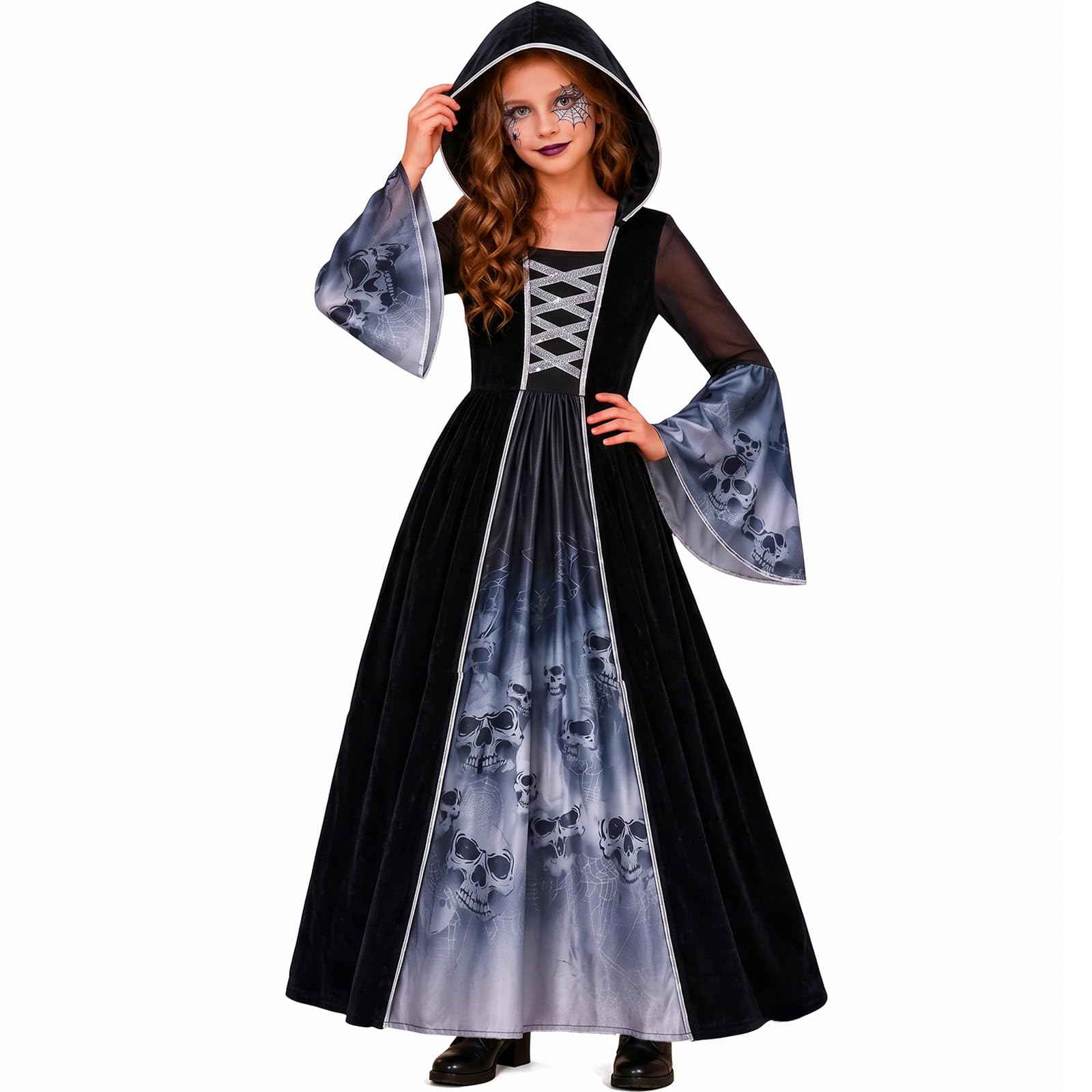 Masoose Girls Halloween Costumes Dress Length 105CM Retro Gothic Hooded Skeleton Print Fancy Dress Spooky Witch Cosplay Ghost Sheet Costume