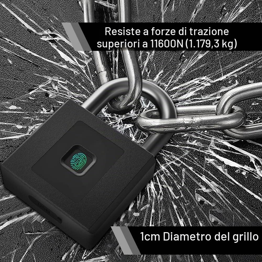 eLinkSmart Lucchetto con cuscinetto apribile tramite impronte digitali o app, Keyless Big Lucchetto pesante, per sbloccare il set di dati, impermeabile, antifurto, indicatore di batteria, USB