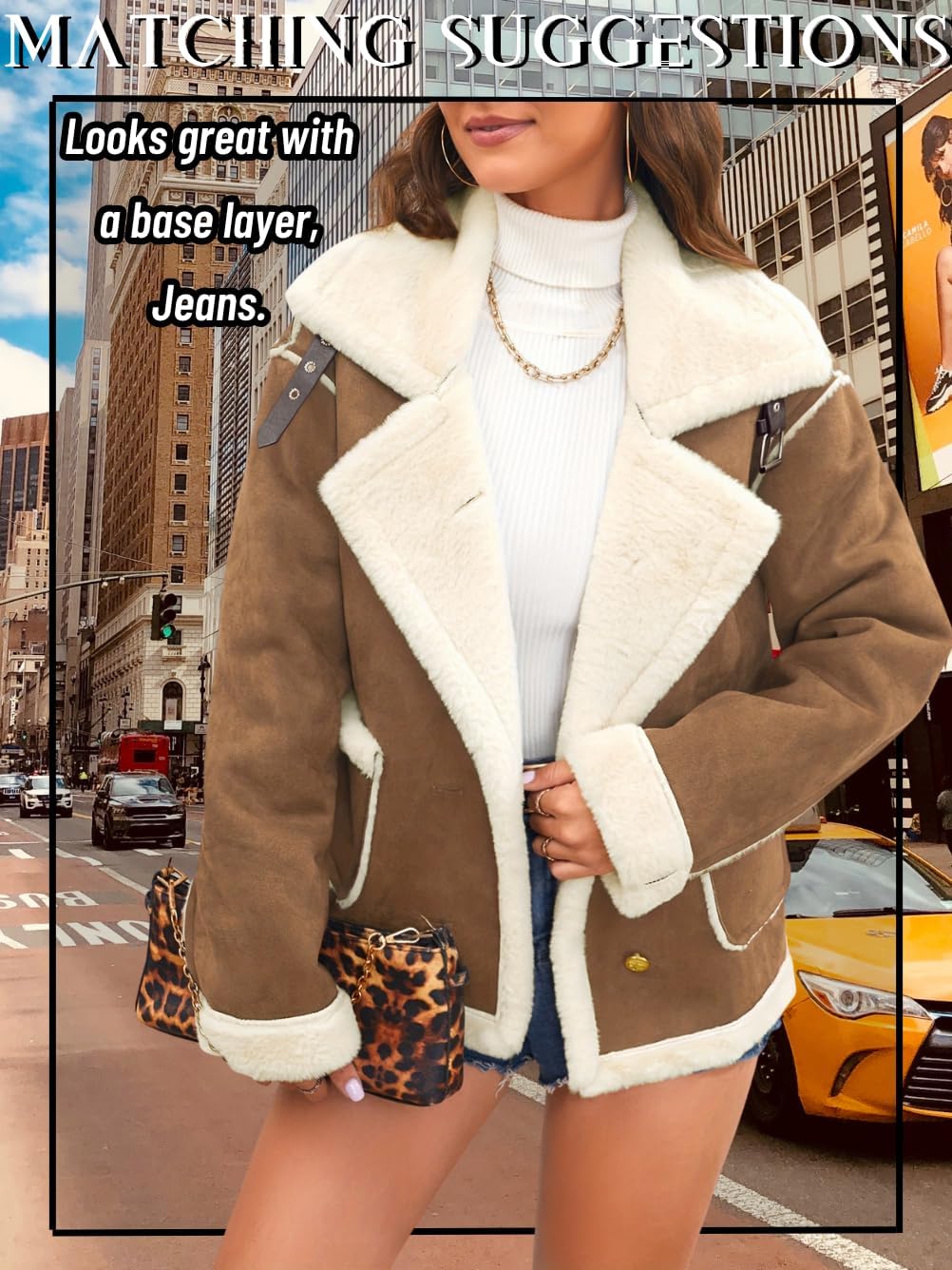 Women's Faux Suede Sherpa Lined Jacket, Oversized Fur Lapel Coat, Winter Warm Outfit Trendy - Image 2