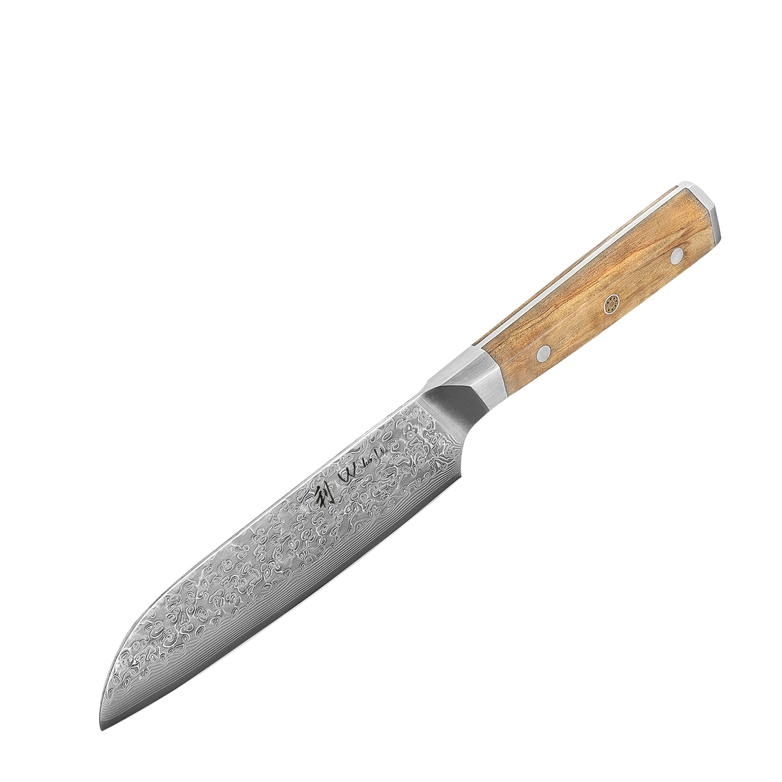 Wakoli Oribu Santokumesser 18 cm aus 67 Lagen Damaststahl mit VG10 Kern | Full Tang mit Olivenholzgriff, beidseitiger 15° V-Schliff, 60 ± 2 HRC, für Fleisch, Fisch und Gemüse, inklusive Geschenkbox