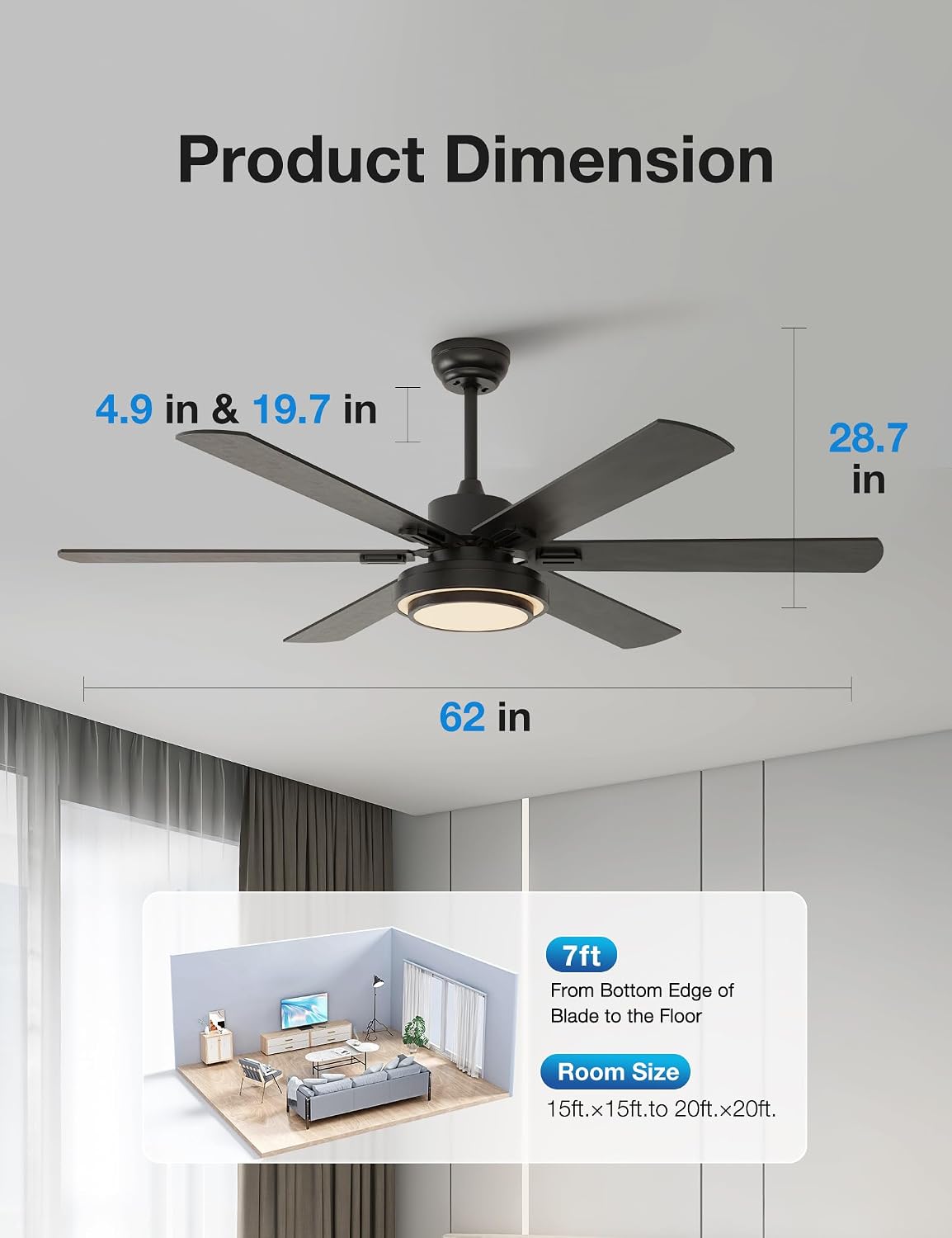 warmiplanet 62 Inch Ceiling Fan with Lights and Remote, Quiet DC Motor, Modern Indoor Ceiling Fan for Living Room Bedroom, 6 Speeds Reversible, Dimmable LED, Timer, Black