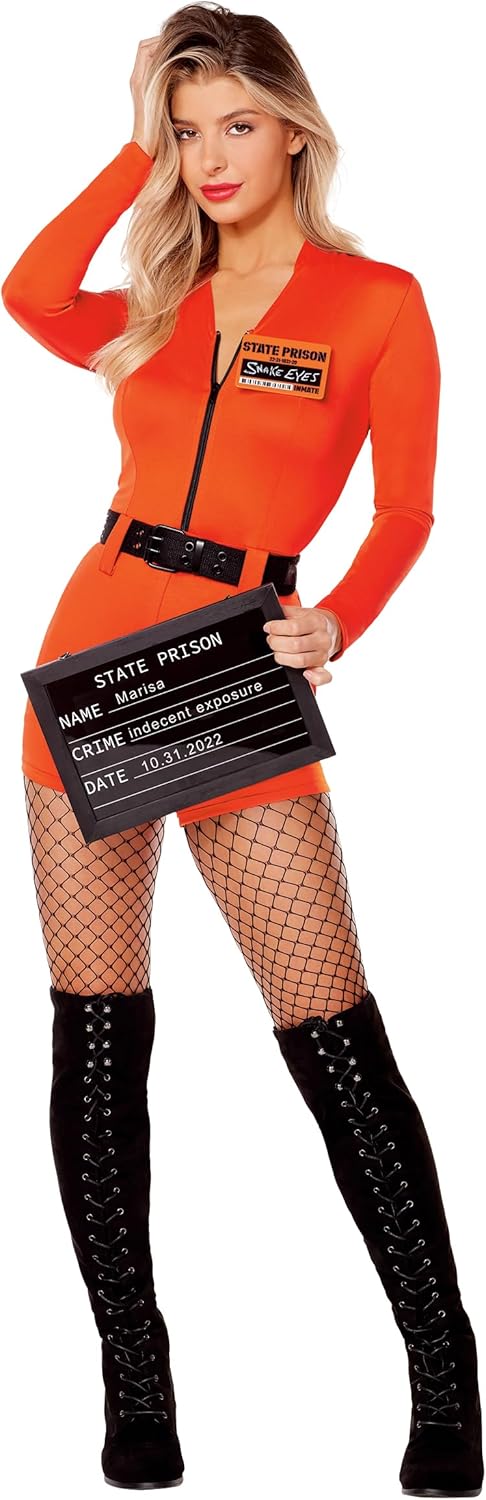Spirit Halloween Adult Convict Romper Costume | Couples’ Costumes | Sassy Inmate Costume