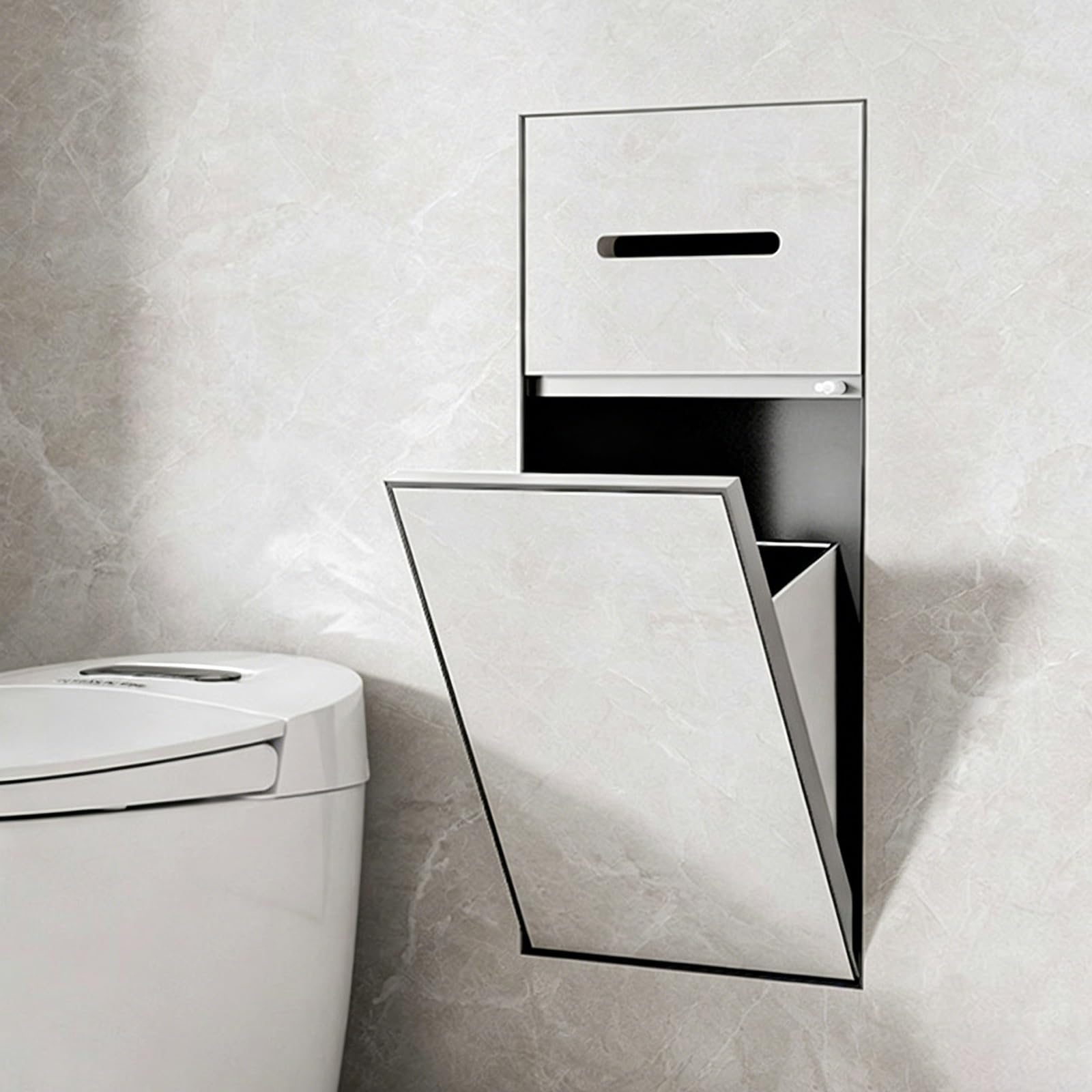 Recessed Toilet Roll Holder/Trash Can Cabinet, Stainless Steel Tileable Concealed Shower Storage with Magnetic Door, Commercial Hotel Nursery Studio Gym Bathroom(24x14x50cm)