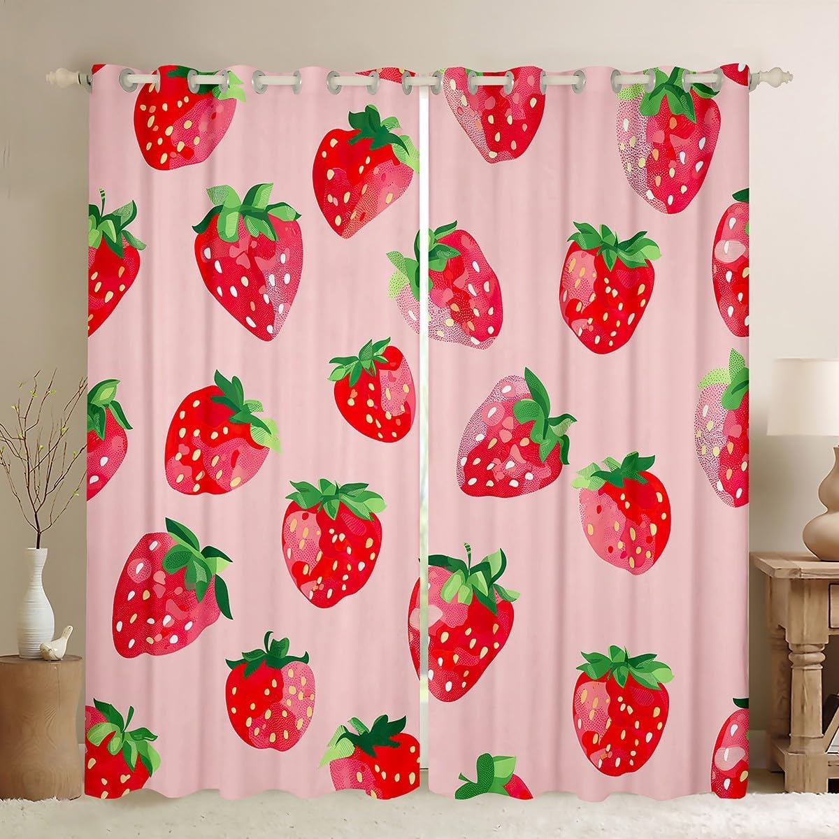 Strawberry Curtain Sweet Girl Window Curtains Kawaii Room Decor Strawberry Printed Window Drapes Cute Tropical Fruit Pink Lightweight Window Treatments for Kids Teens Girls Boys 42"x63",2 Panels