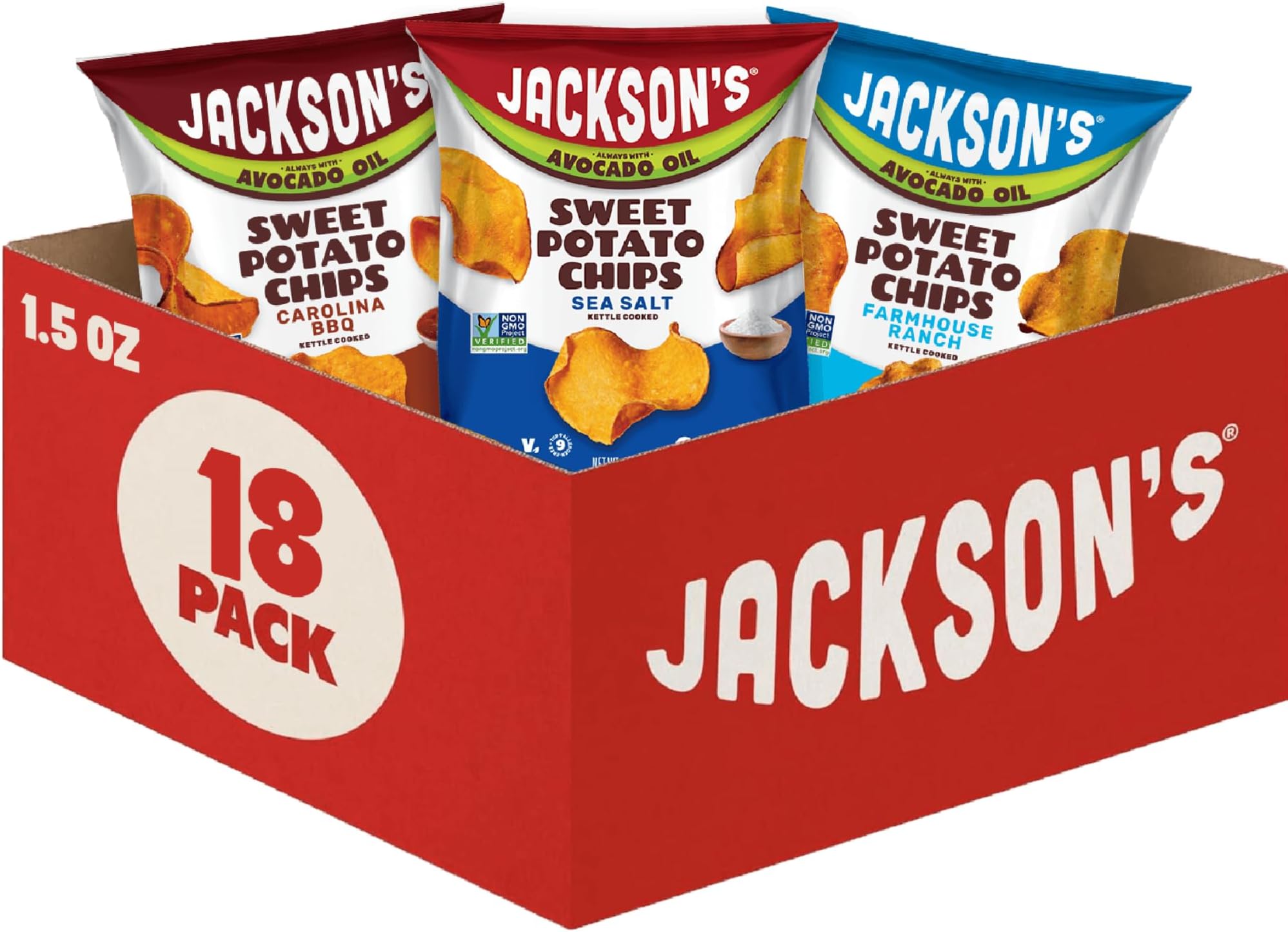 Jackson’s Sweet Potato Kettle Chips Avocado Oil Variety Pack (1.5 oz, Pack of 18) Sea Salt, Ranch, and BBQ Flavors - Allergen-friendly, Gluten Free, Vegan