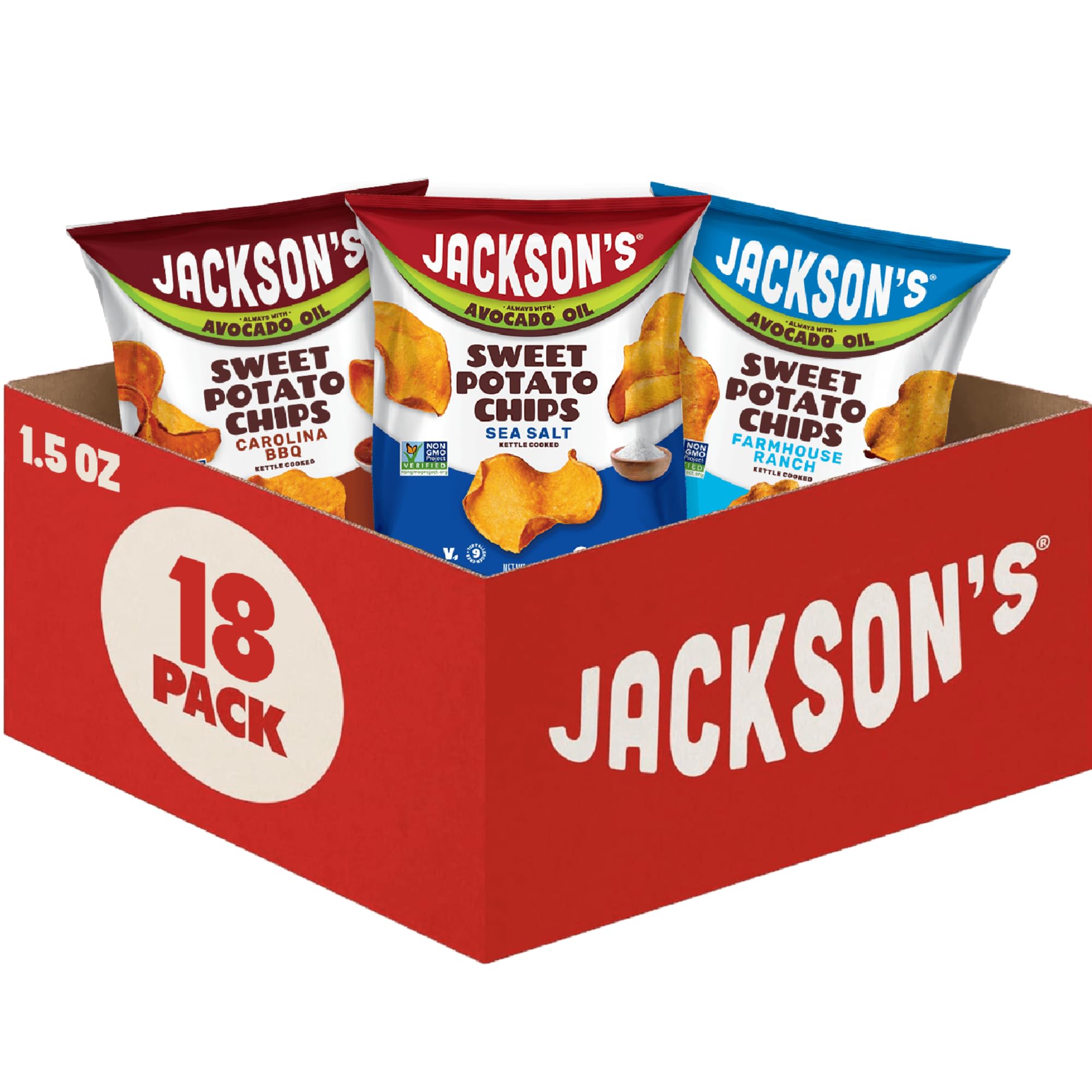 Jackson’s Sweet Potato Kettle Chips Avocado Oil Variety Pack made with Premium Oils (1.5 oz, Pack of 18) Sea Salt, Ranch, and BBQ Flavors - Allergen-friendly, Gluten Free, Vegan