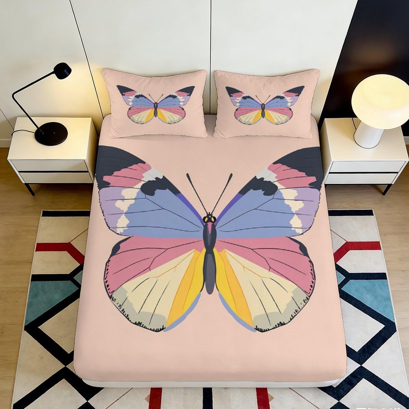 3D Printed Butterfly Fitted Sheet Microfiber Deep Pocket Bedroom Bedding Butterfly Mattress Fitted Cover Non-Slip Washable 90x200x25cm