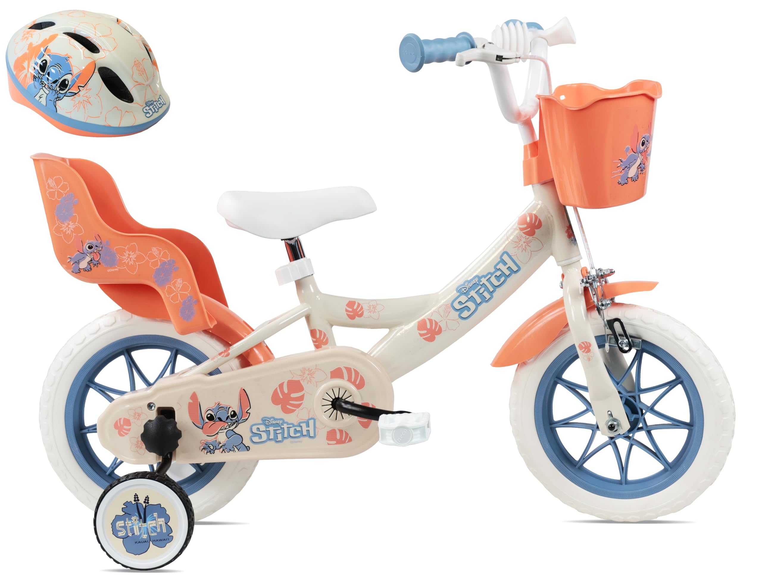 Vélo Enfant 12' Stitch de Disney avec Casque Stitch Inclus équipé de 1 Frein, Panier Avant, Porte poupée arrière, Garde boues, Carter et stabilisateurs