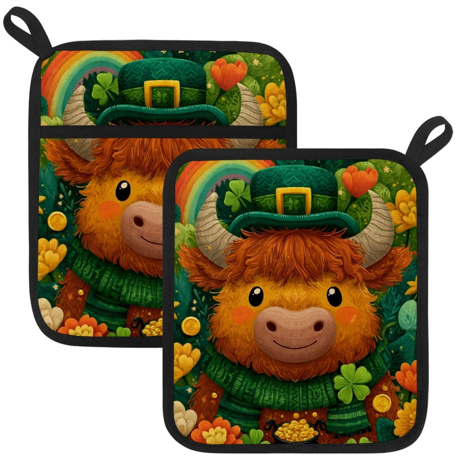 VAPOKF St. Patrick's Day Cattle Heat Resistant Pot Holders, Thick Pot Holders Pad with Hanging Loop for Kitchen, Oven Cloth Pads for Kitchen Baking Microwave Oven