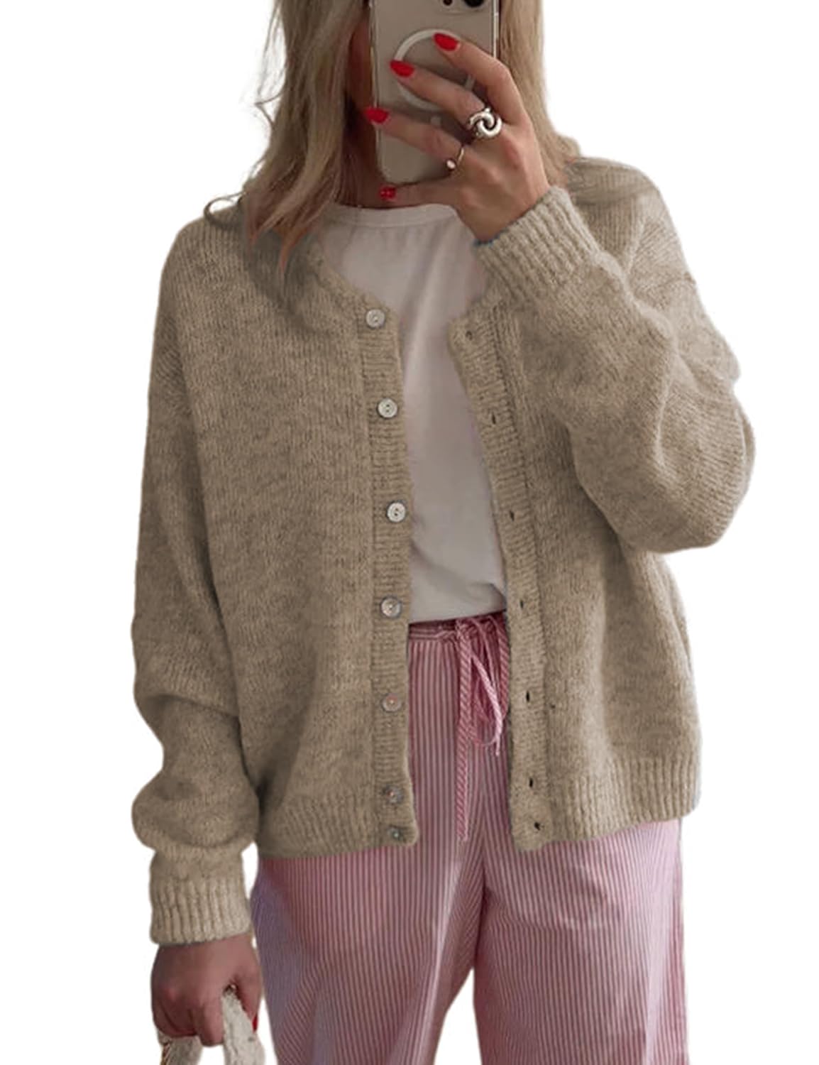 Womens Long Sleeve Front Button Y2k Cardigan Sweaters Crew Neck Loose 2025 Fall Tops