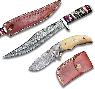 2Pcs Damascus knife, Hand Forged Fixed Blade Damascus Hunting Knife for Men, Hunting Knife with Bone Handle, Damascus Folding Knife, Damascus Pocket Knife for Men