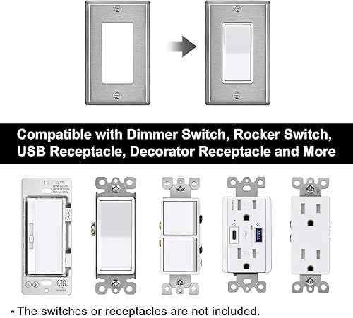 Miniatura 8 de BESTTEN - Placa de pared de metal decorativa con película de plástico blanco o transparente, cubierta de salida de acero inoxidable de 1 banda,