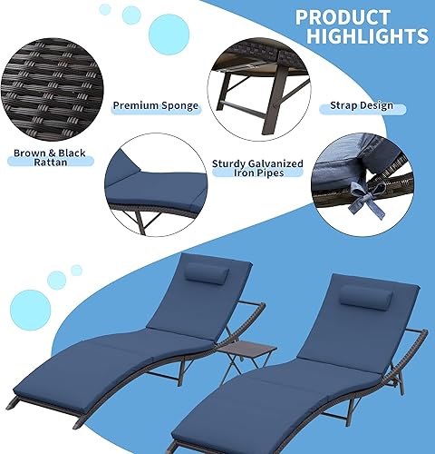 Miniatura 6 de ALAULM Juego de 3 sillas de descanso de piscina, sillas de descanso ajustables para exteriores con cojín de esponja, sillas plegables y portátiles y